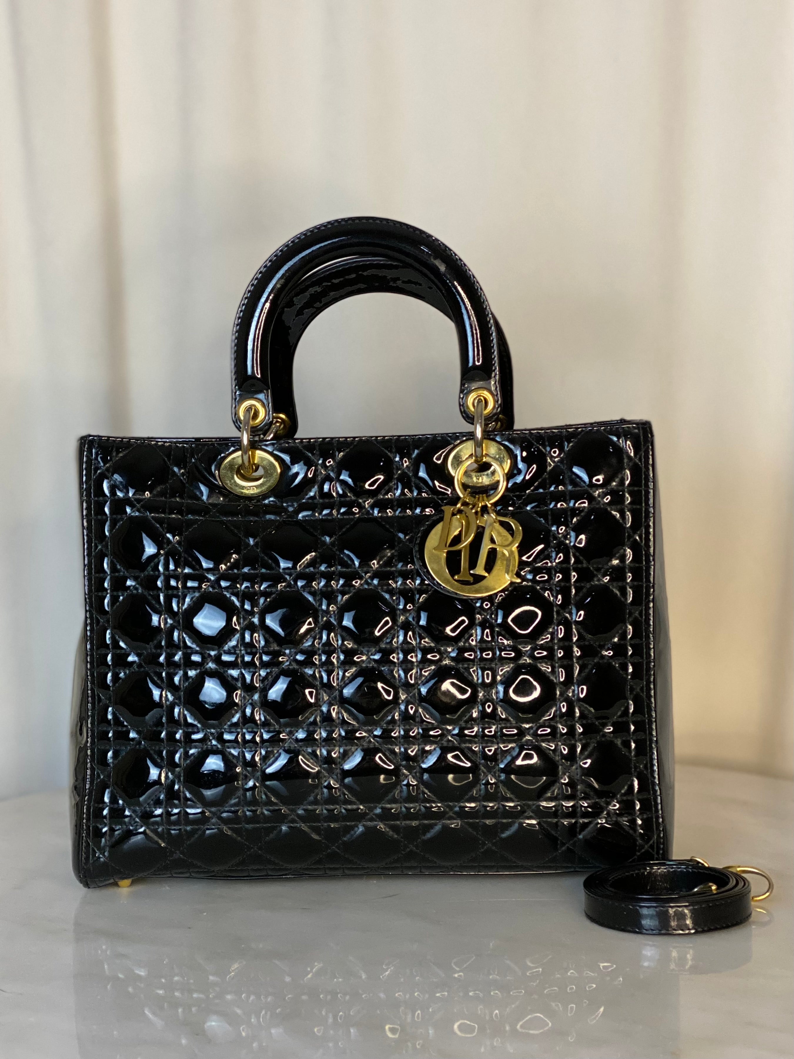 Christian Dior Black Lady Dior Vernis Bag W/ Strap
