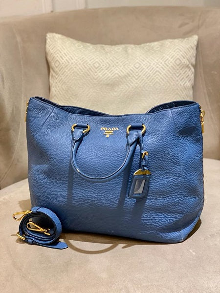 Prada Blue Vitello Daino 2 Way Bag