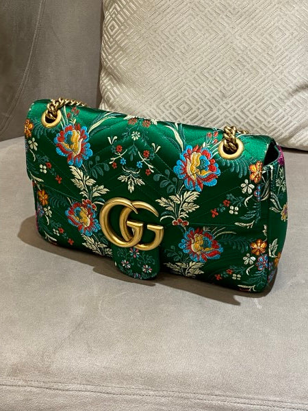 Gucci Green Satin Jacquard Floral Matelasse Marmont Medium Bag-handbag-Gucci-The Closet Egypt
