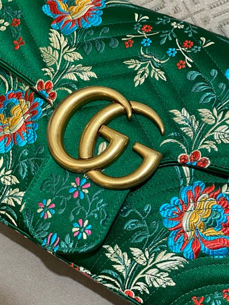 Gucci Green Satin Jacquard Floral Matelasse Marmont Medium Bag-handbag-Gucci-The Closet Egypt