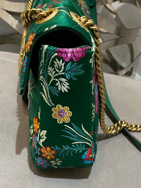 Gucci Green Satin Jacquard Floral Matelasse Marmont Medium Bag-handbag-Gucci-The Closet Egypt