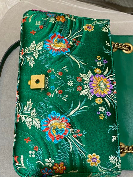 Gucci Green Satin Jacquard Floral Matelasse Marmont Medium Bag-handbag-Gucci-The Closet Egypt