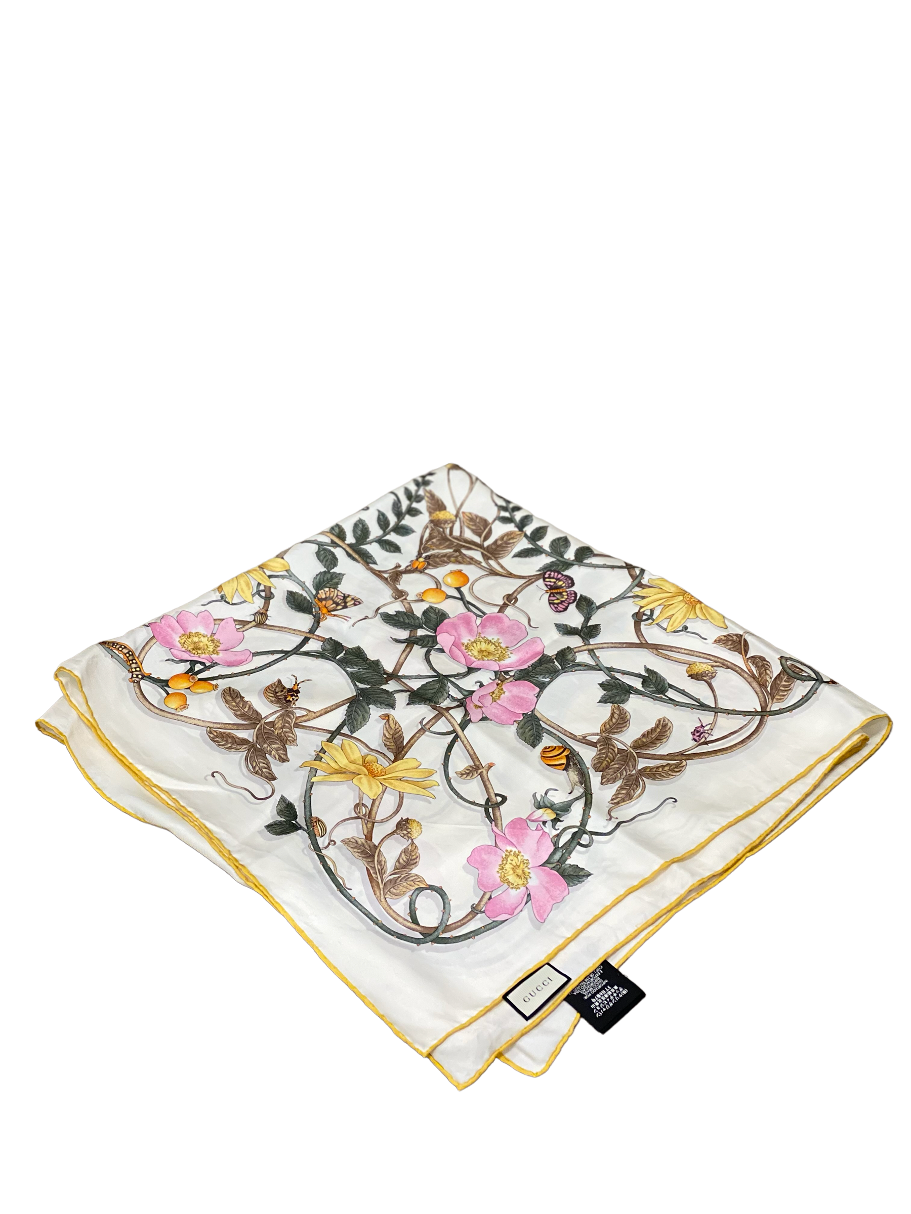 Gucci Off White Flower Print Silk Square Scarf