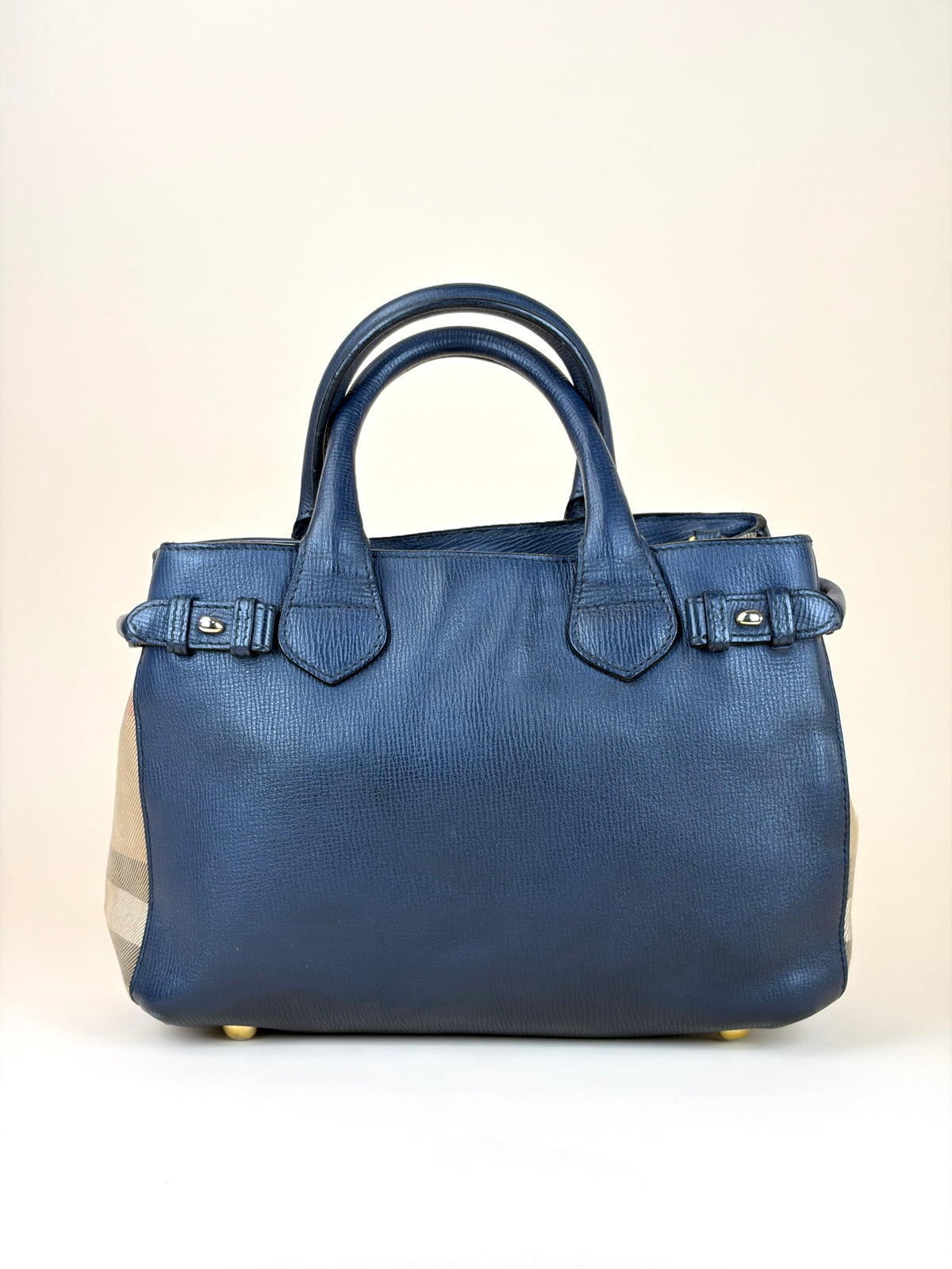 Burberry banner grainy calfskin house check small tote nave blue bag