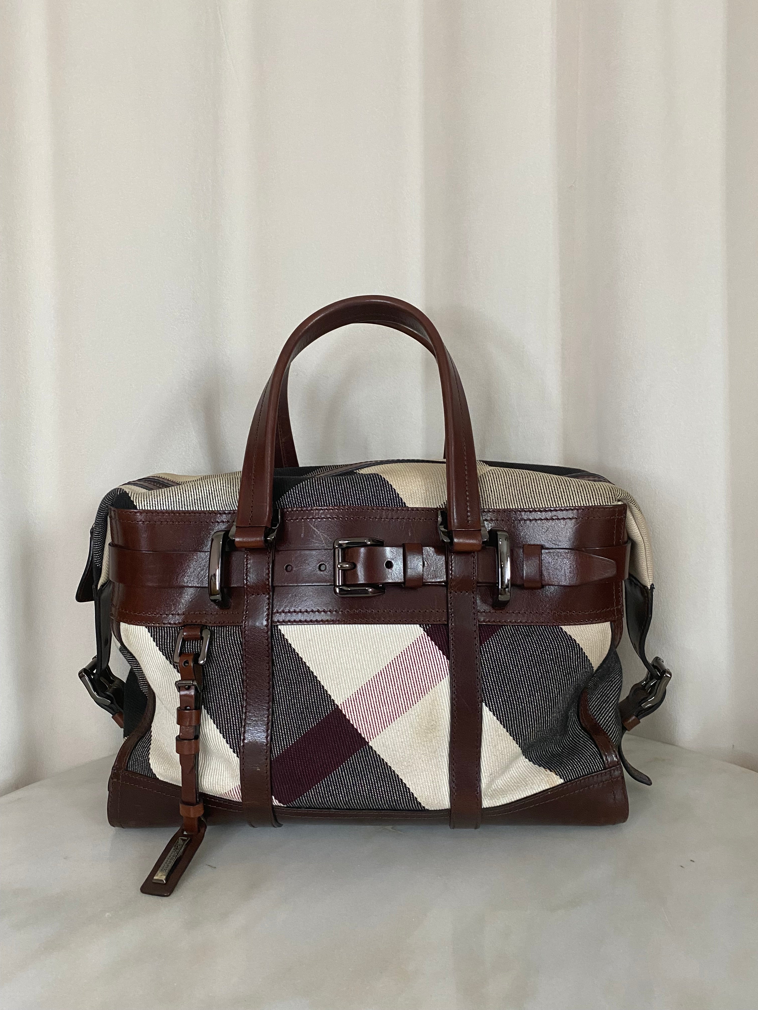 Burberry Brown Bridle Nova Check Zip Top Handle Bag