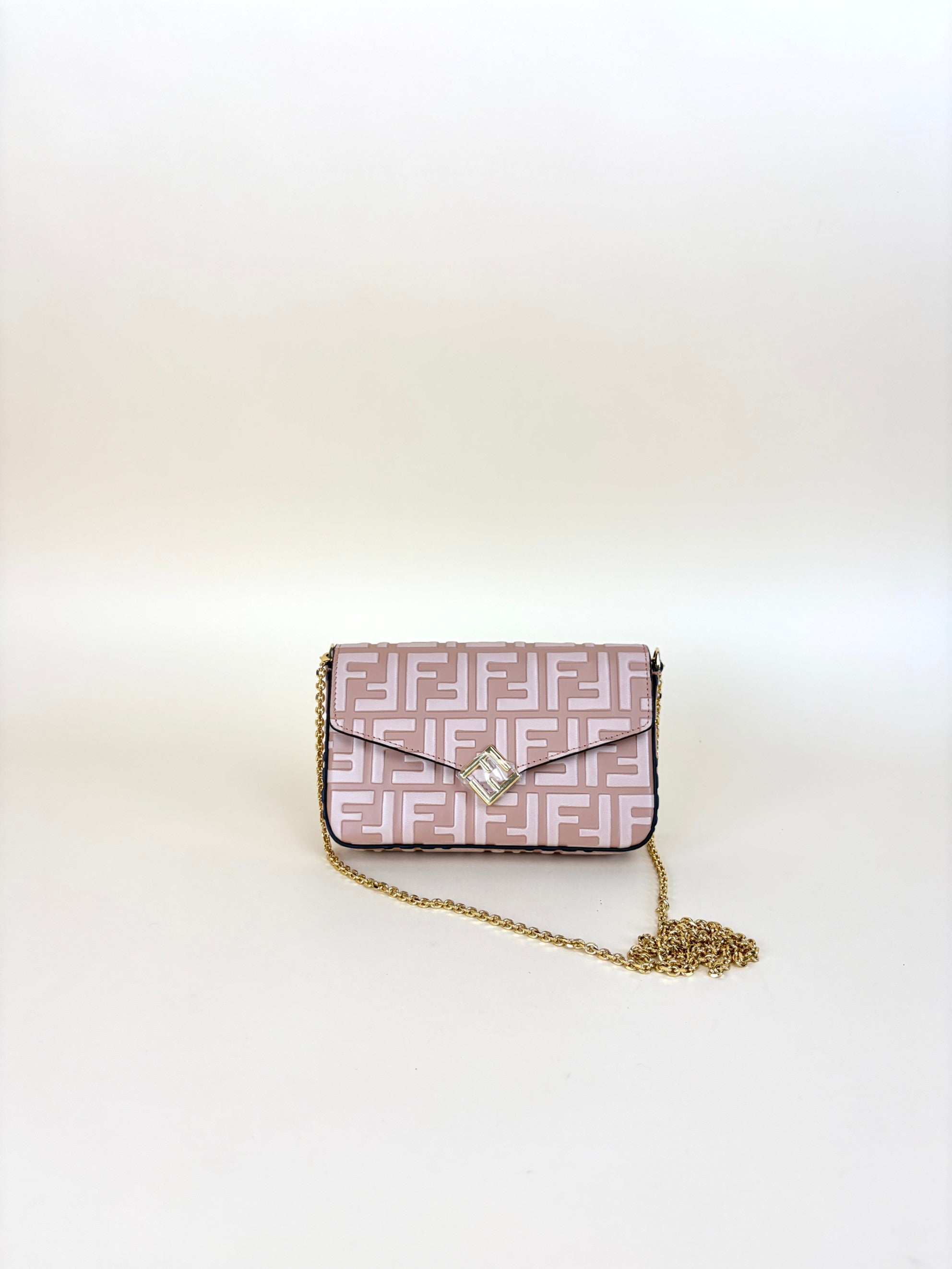 FENDI pink leather ff diamonds wallet on chain gold