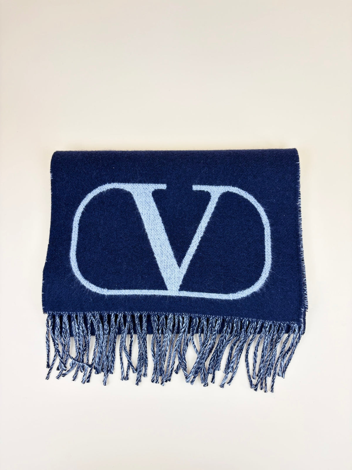 Valentino navy/grey V logo signature feayed edge wool cashmere scarf