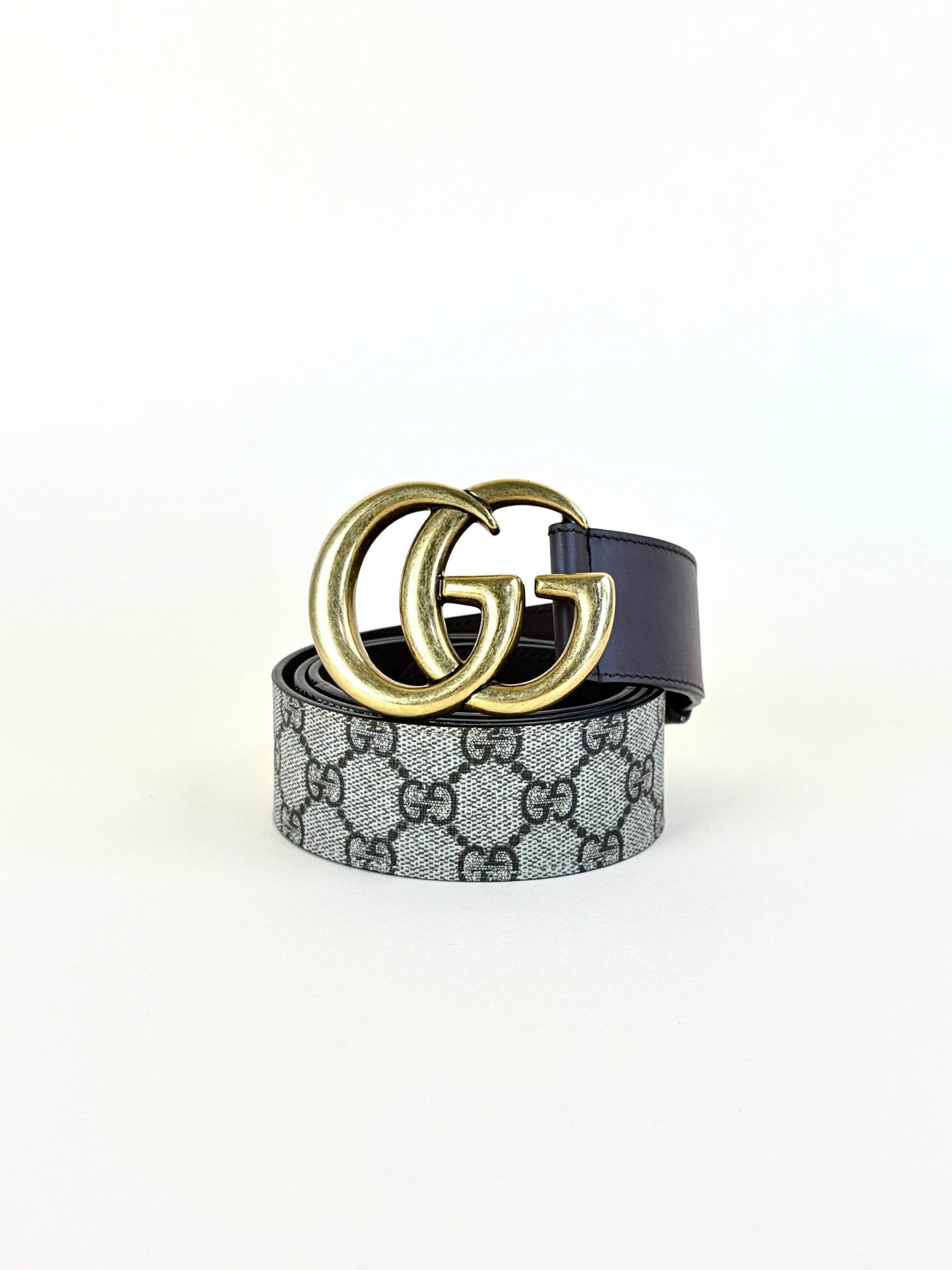 Gucci beige gg supreme monogram and brown calfskin double g buckle 40mm belt
