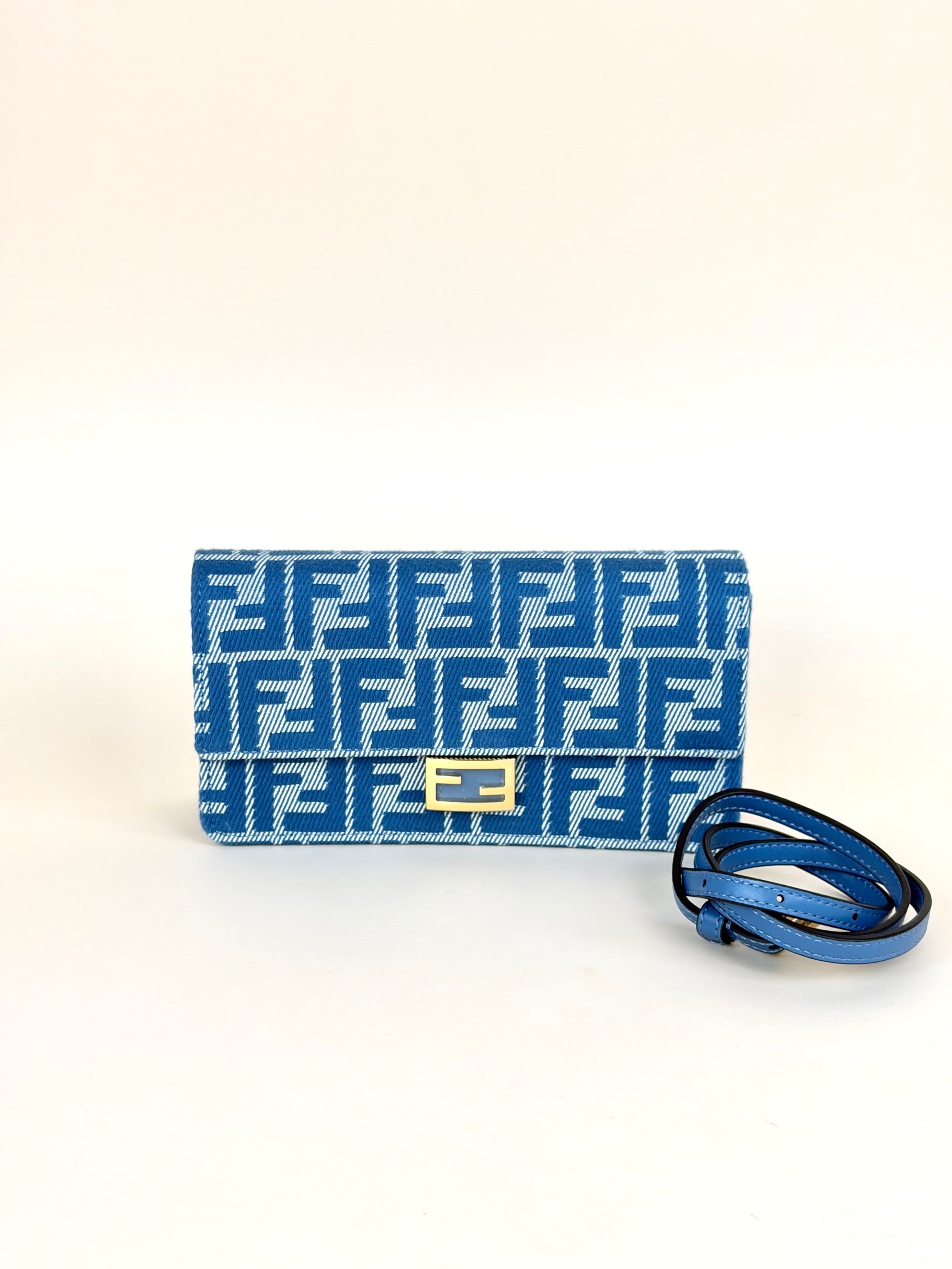 fendi baguette wallet on chain with strap jaquared slim denim calf white blue