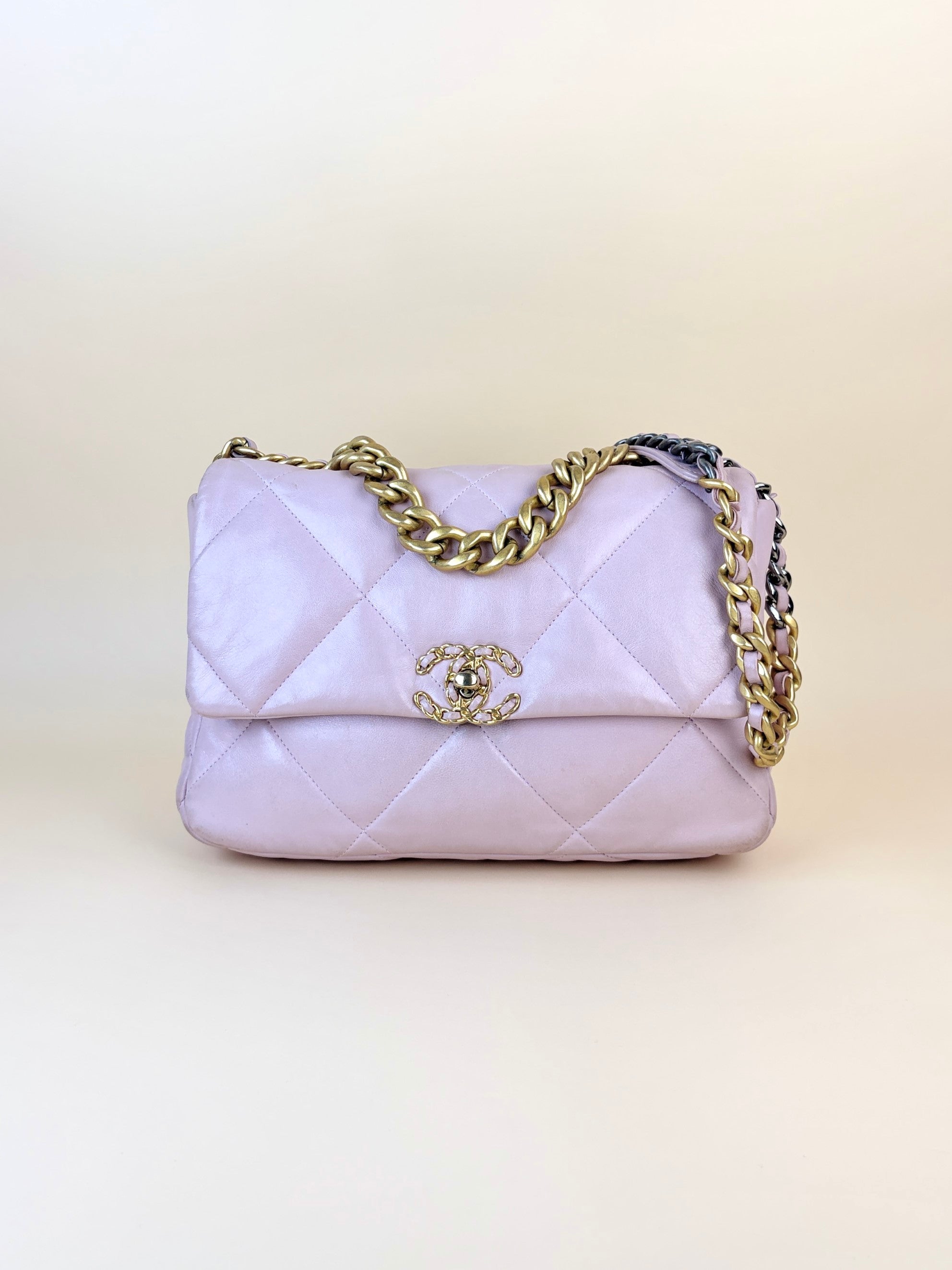 Chanel light pink lambskin quilted large Chanel 19 wallet on chain gold