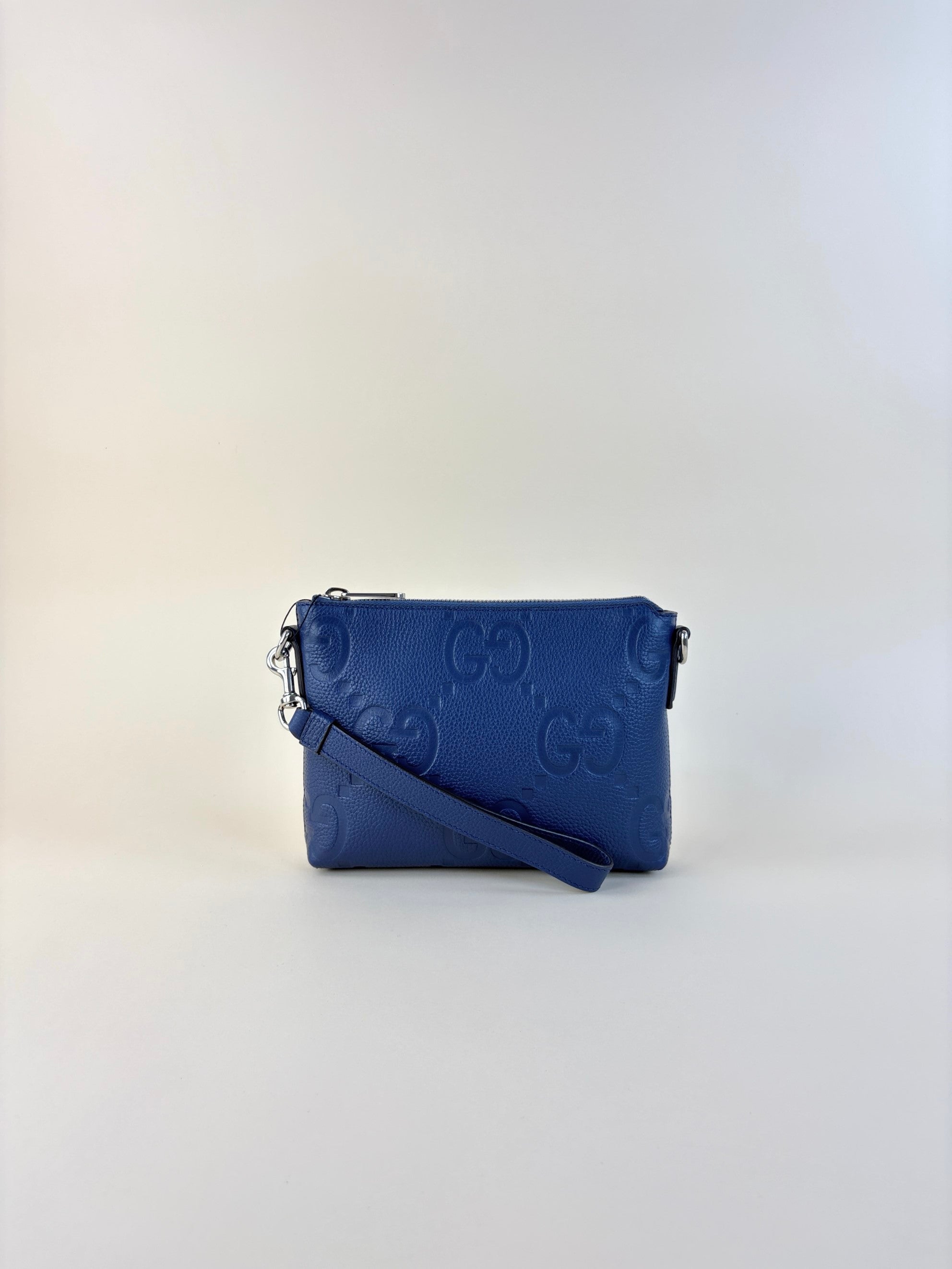 Gucci Blue Piuma Jumbo GG Embossed Small Wristlet Messenger Bag