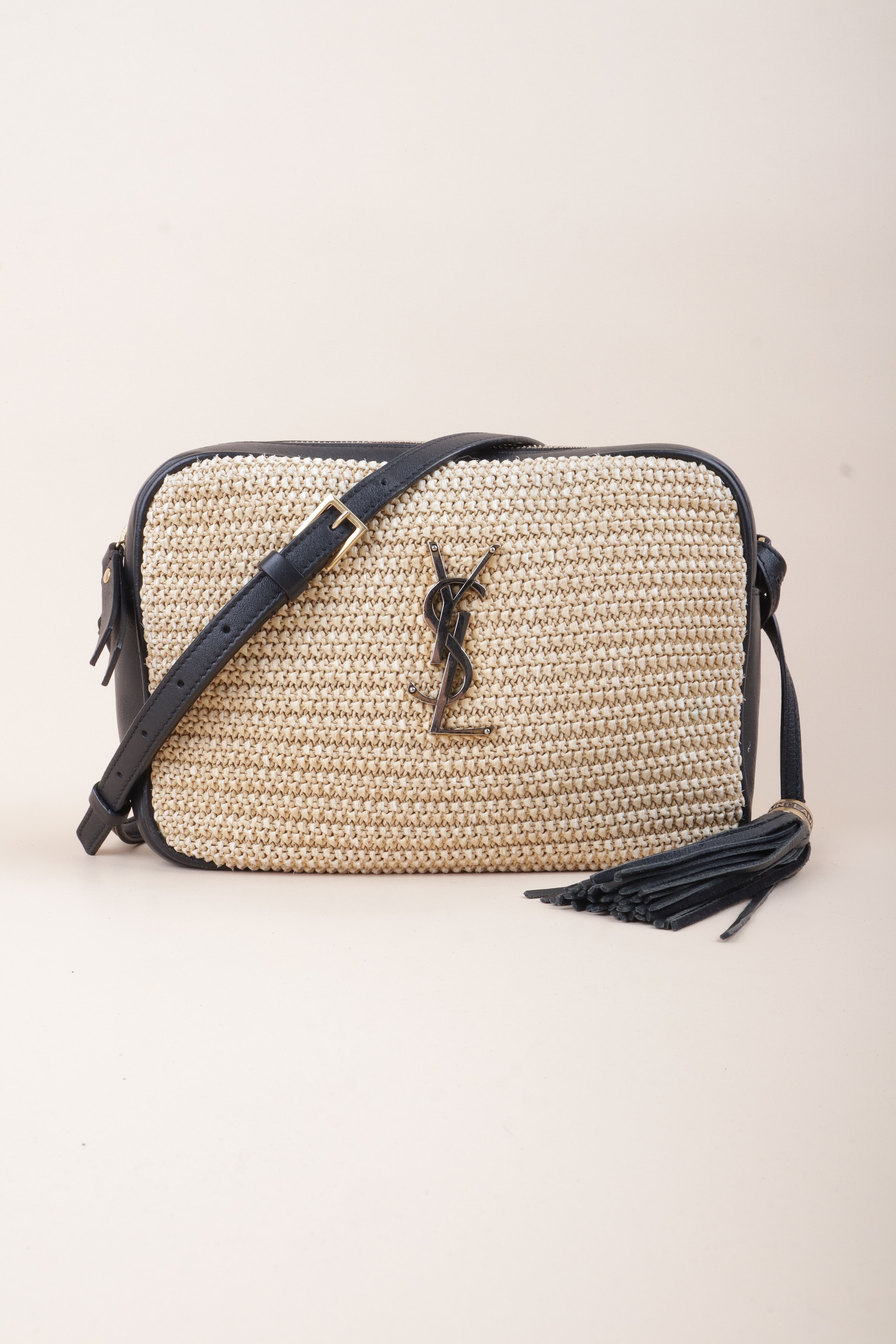 YSL Bicolor Raffia Lou Camera Bag with Charm