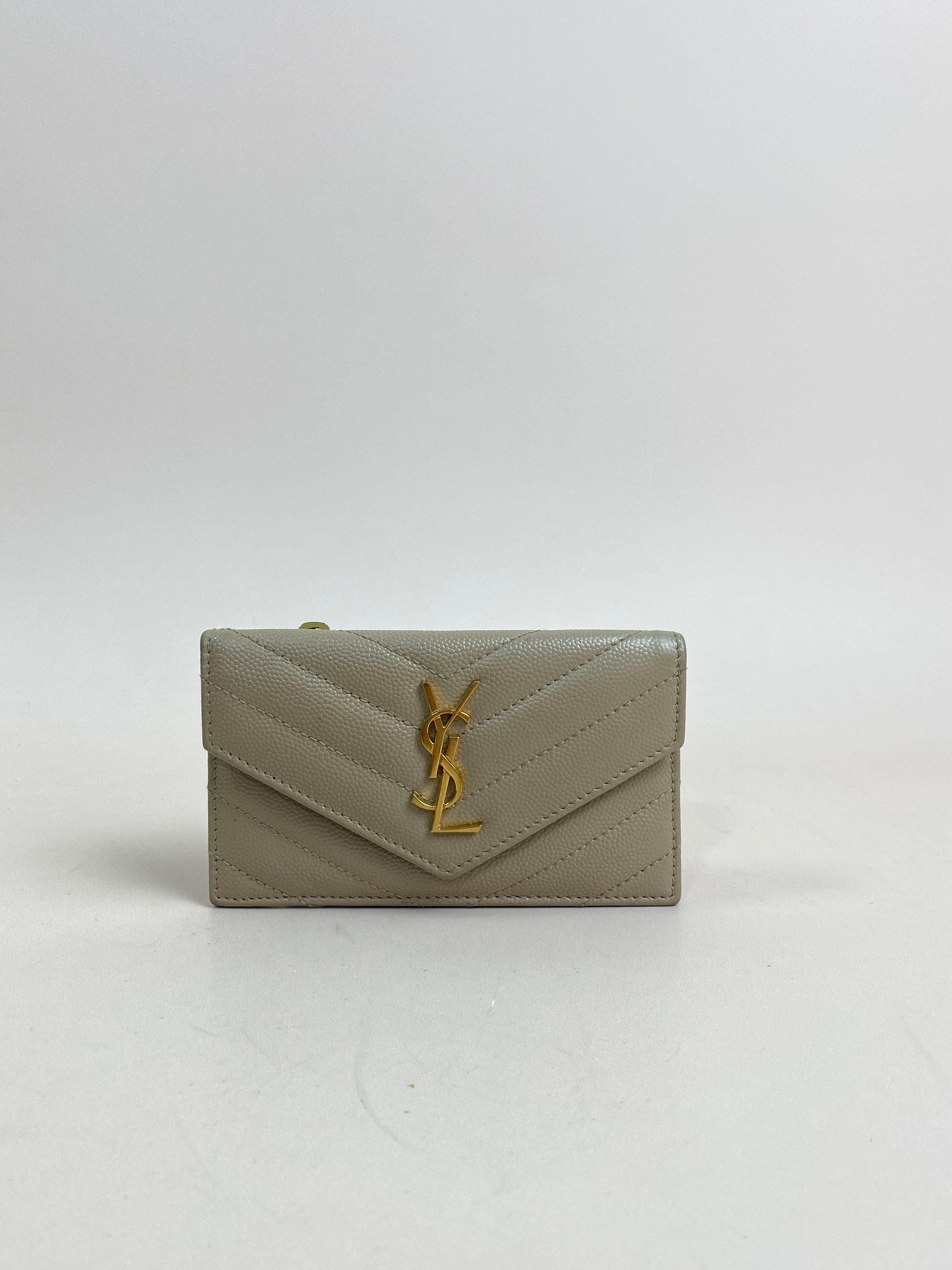 YSL Beige Quilted Cassandre Envelope Small Wallet