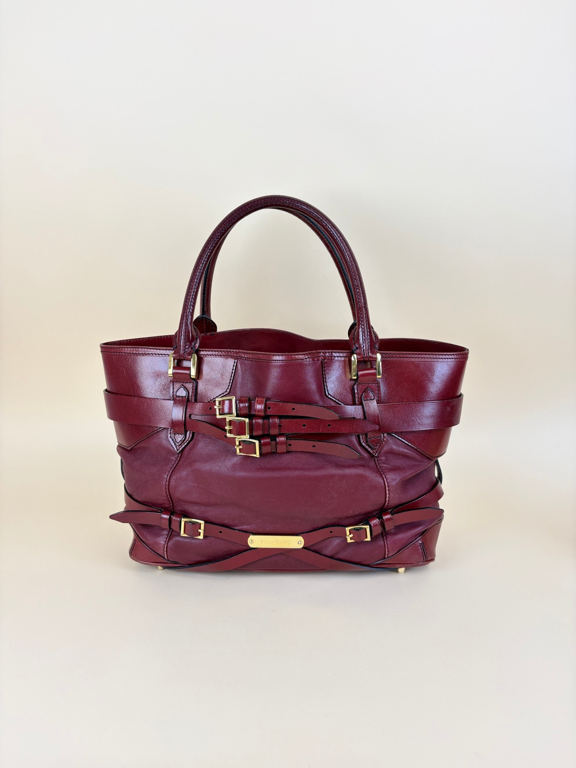 Burberry burgundy soft leather lambskin inhere medium tote bag