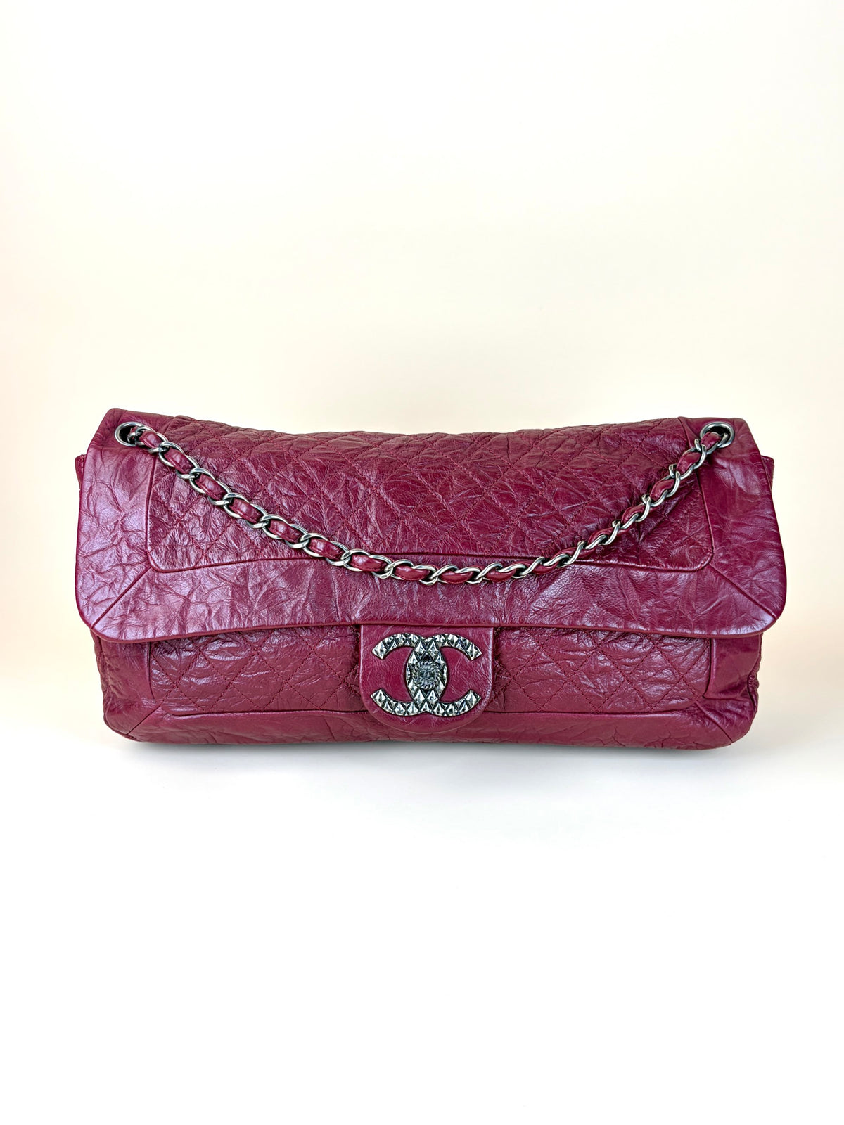 Chanel red crinkled leather flap