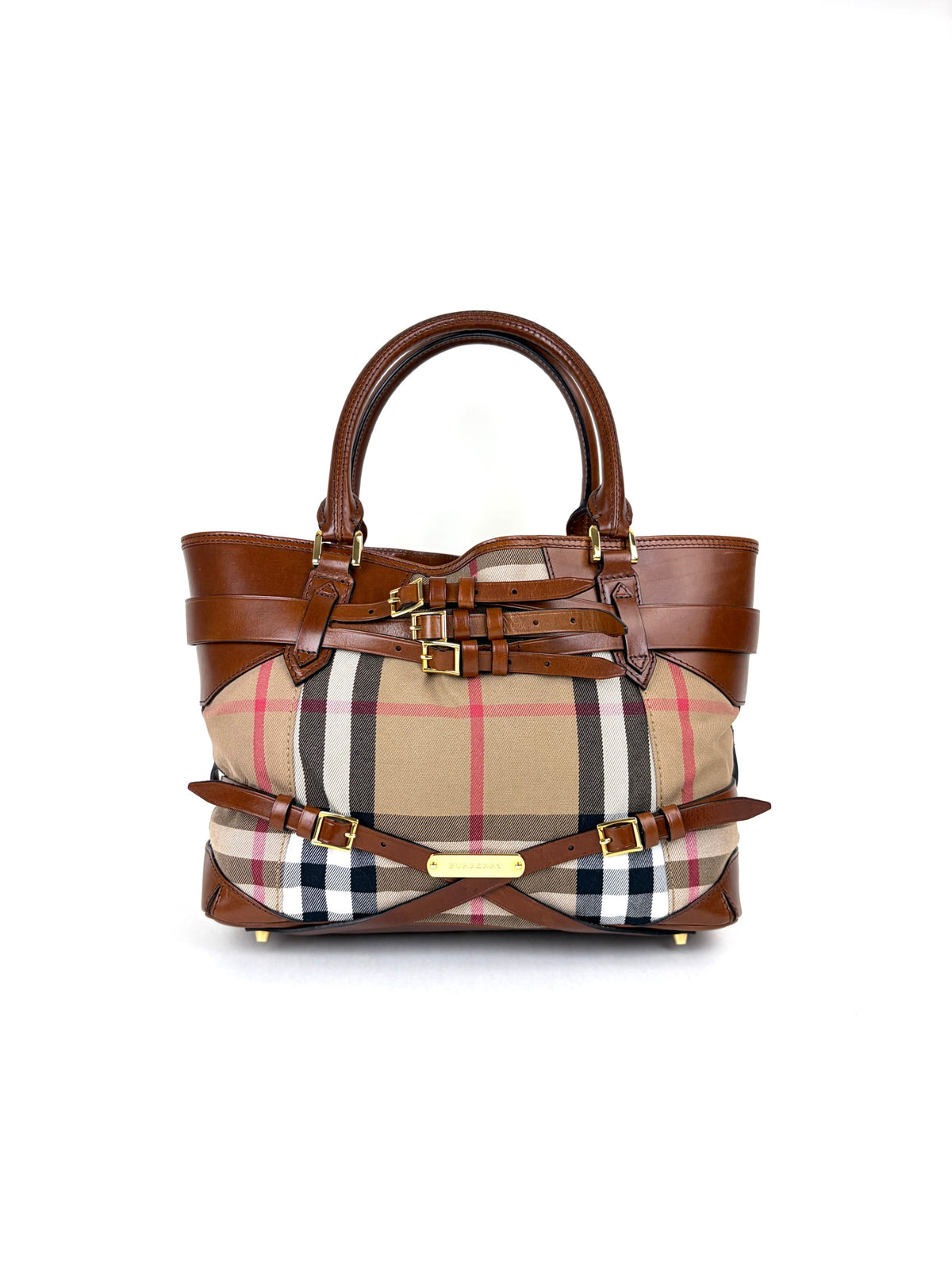 Burberry brown leather house check canvas lyhner medium tote bag