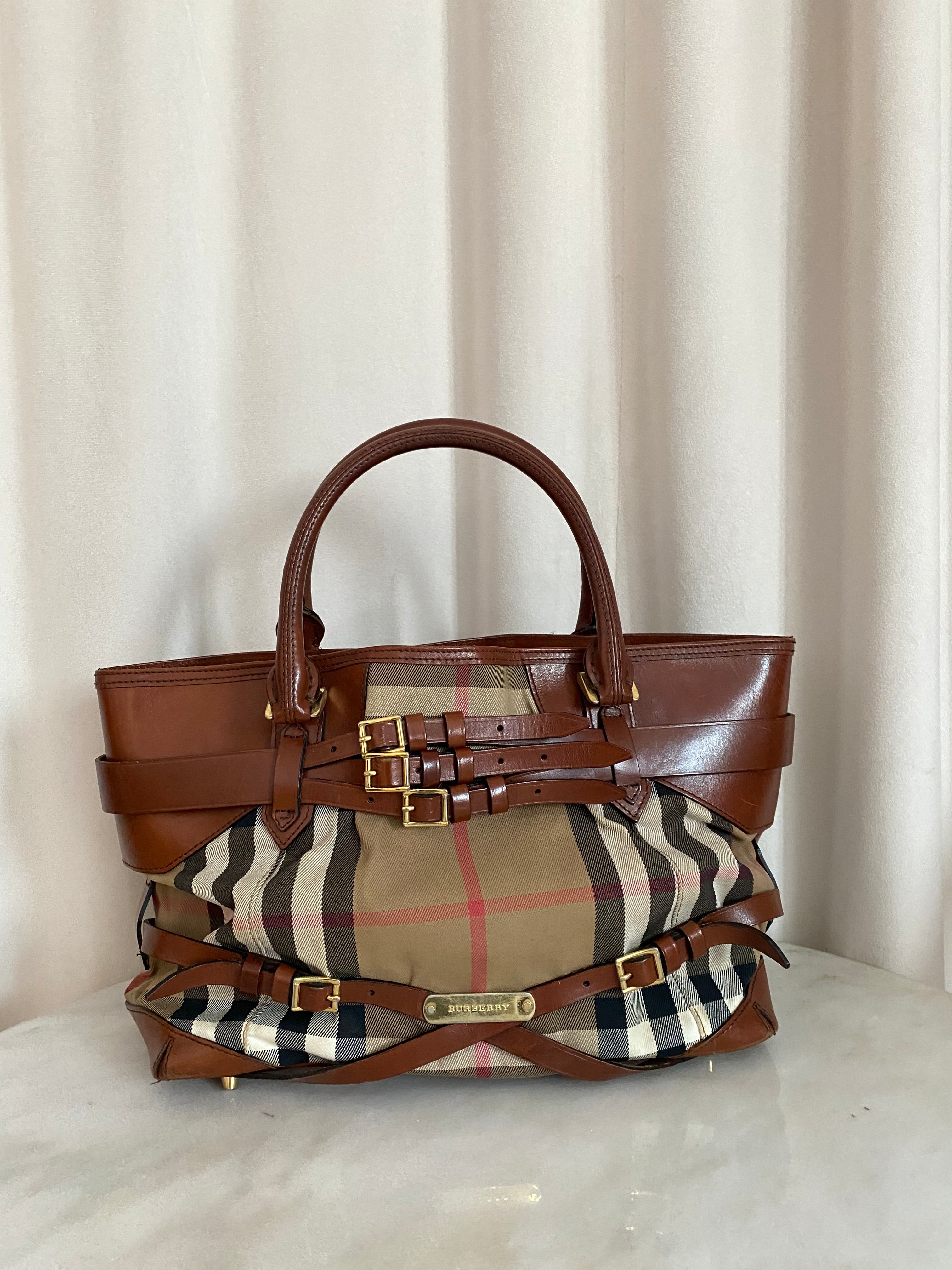 Burberry Camel Lynher Bridle House Check Top Handle Bag