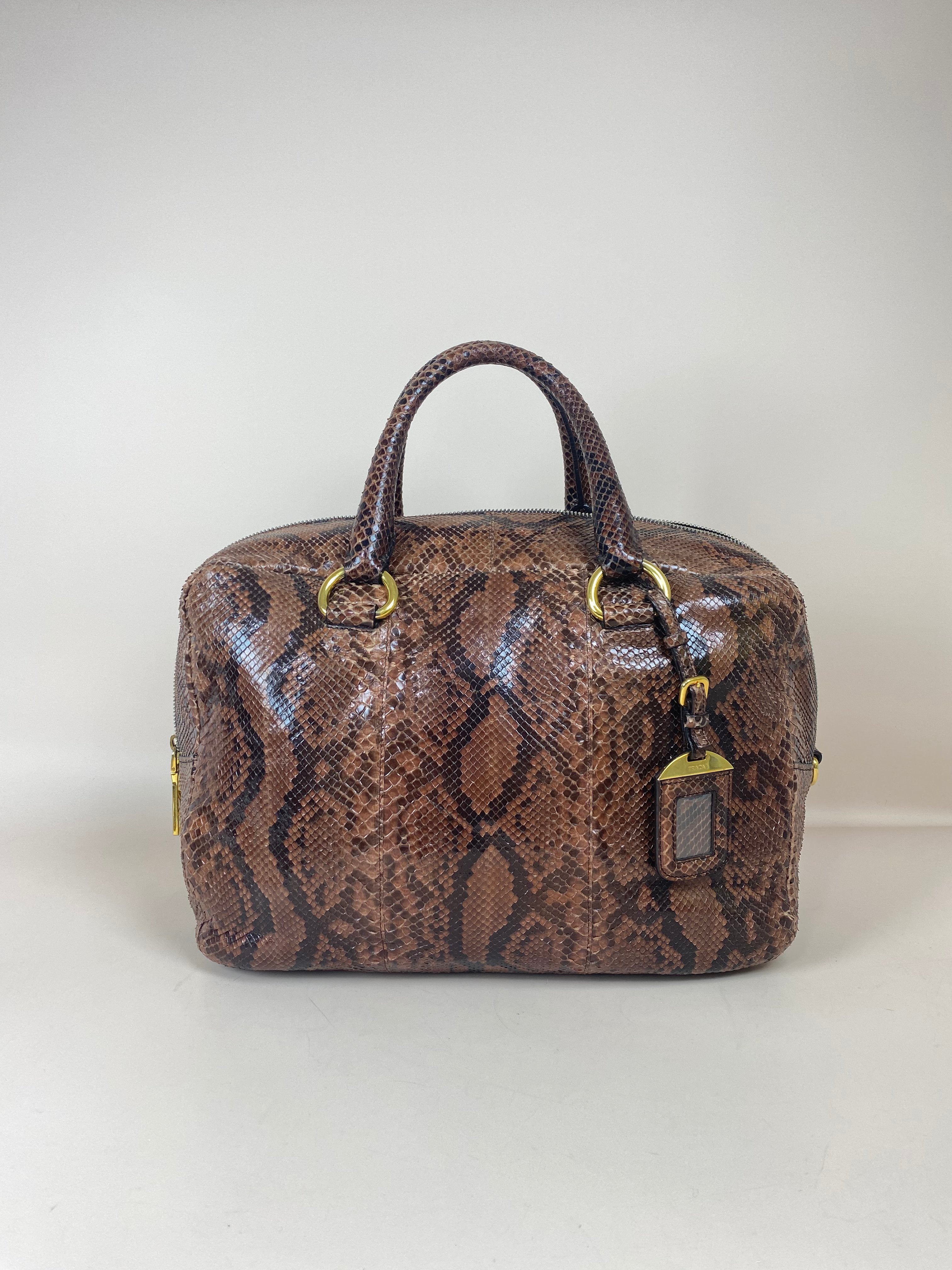 Prada Brown Python Bauletto Large Top Handle Bag