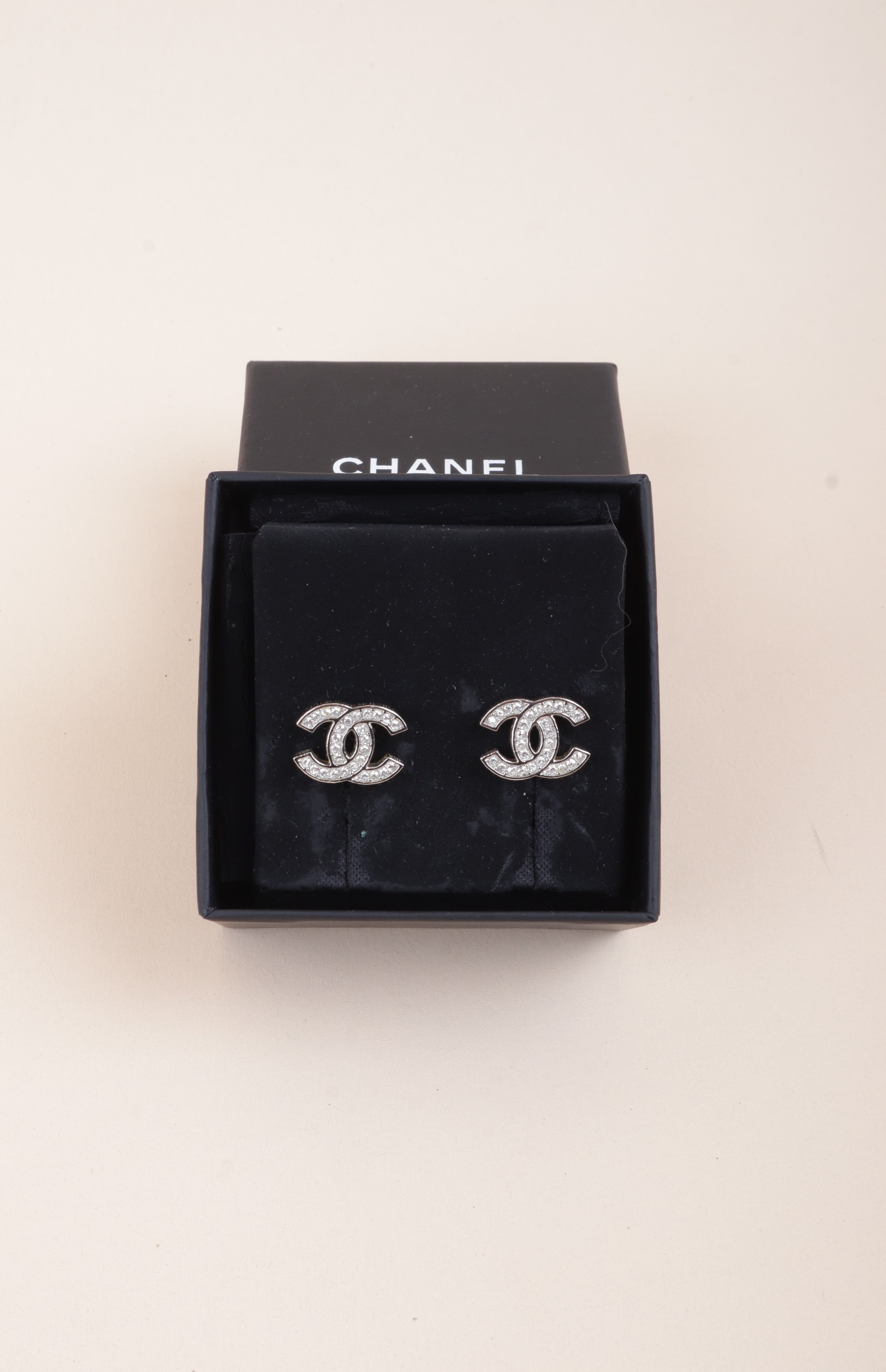 Chanel Silver CC Logo Crystal Studs Earrings