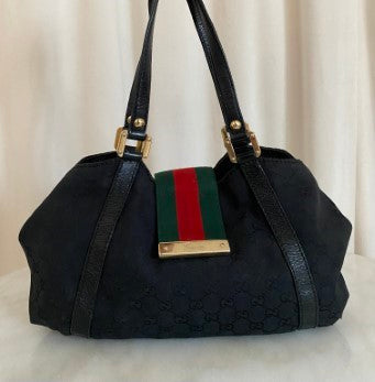 Gucci Black GG Medium New Ladies Web Tote Bag