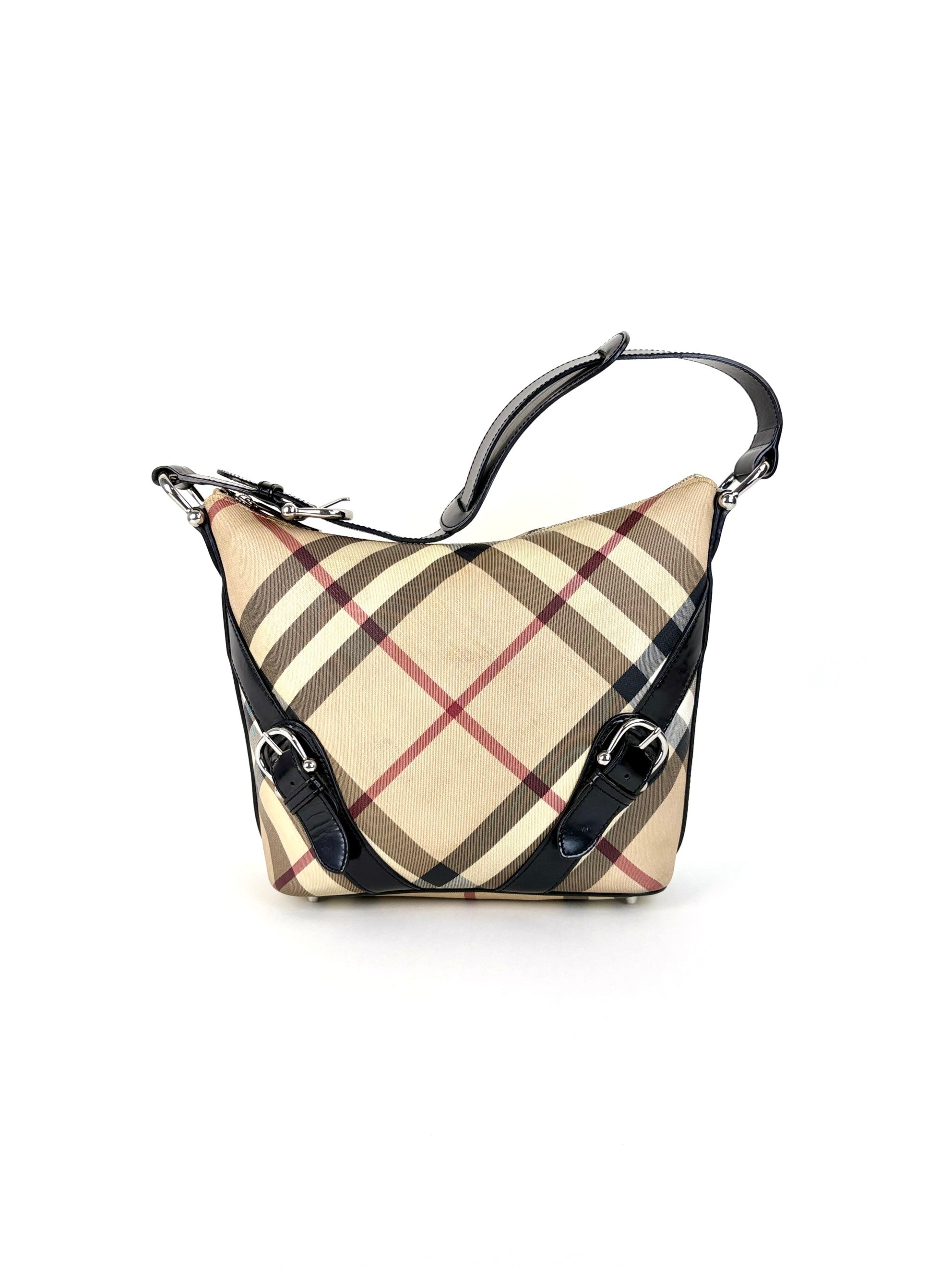 Burberry black leather nova check coated canvas buckle hobo bag