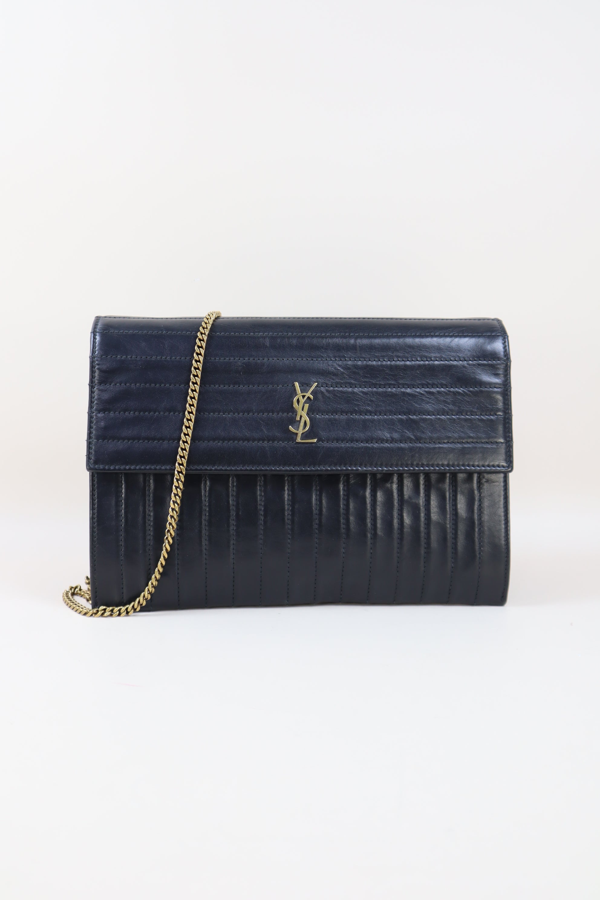 YSL Black Victoire Crinkled Flap Pouch
