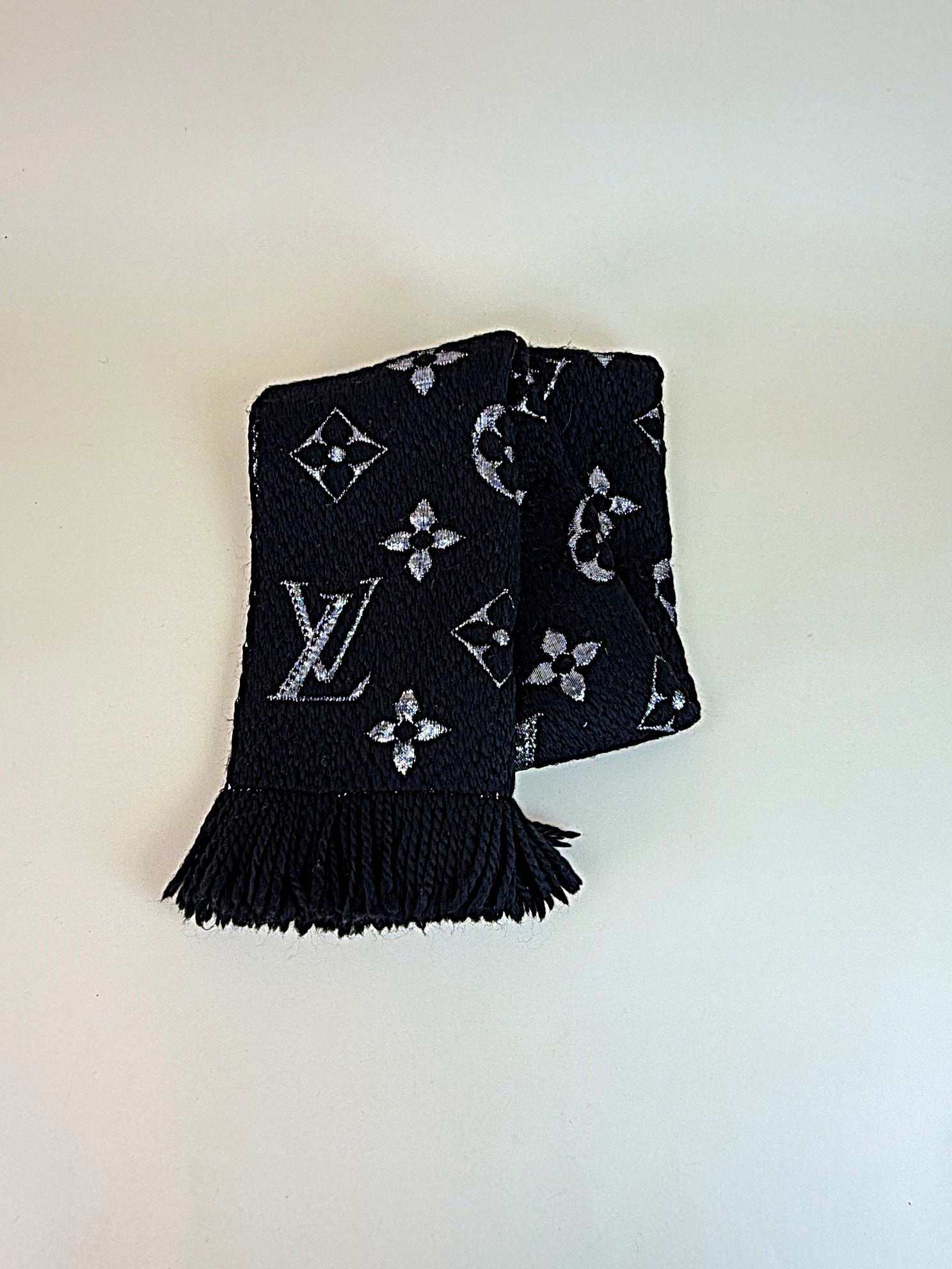Louis Vuitton Black Monogram Logo Mania Shine Wool Scarf