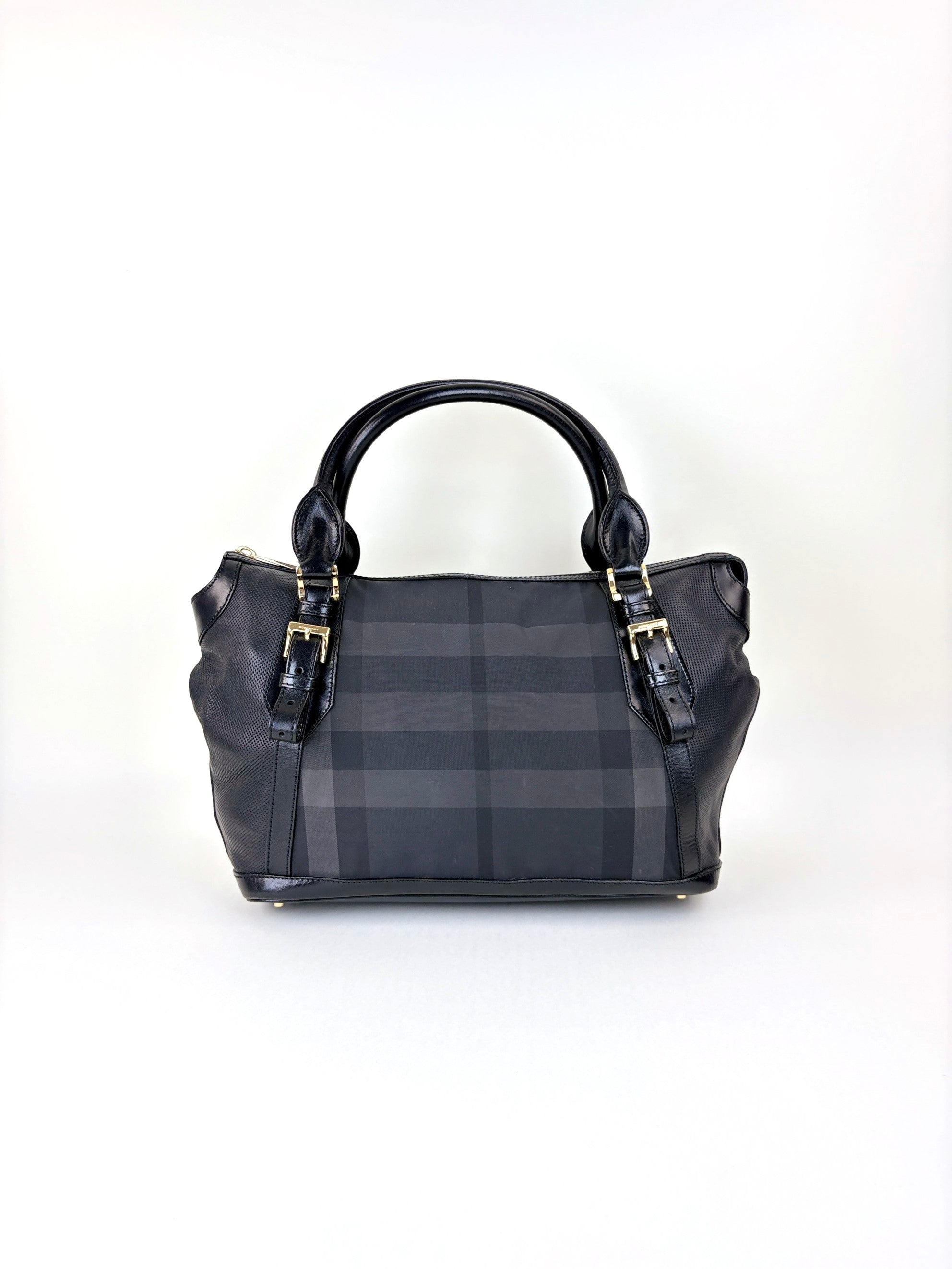 Burberry black perforated city leather dark charcoal check medium Ellers bag