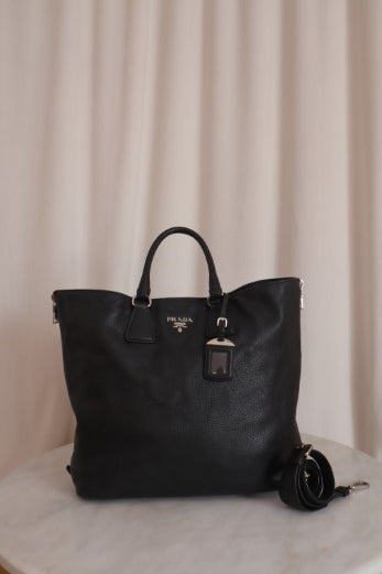 Prada Black Vitello Daino Side Zip Tote Large Bag