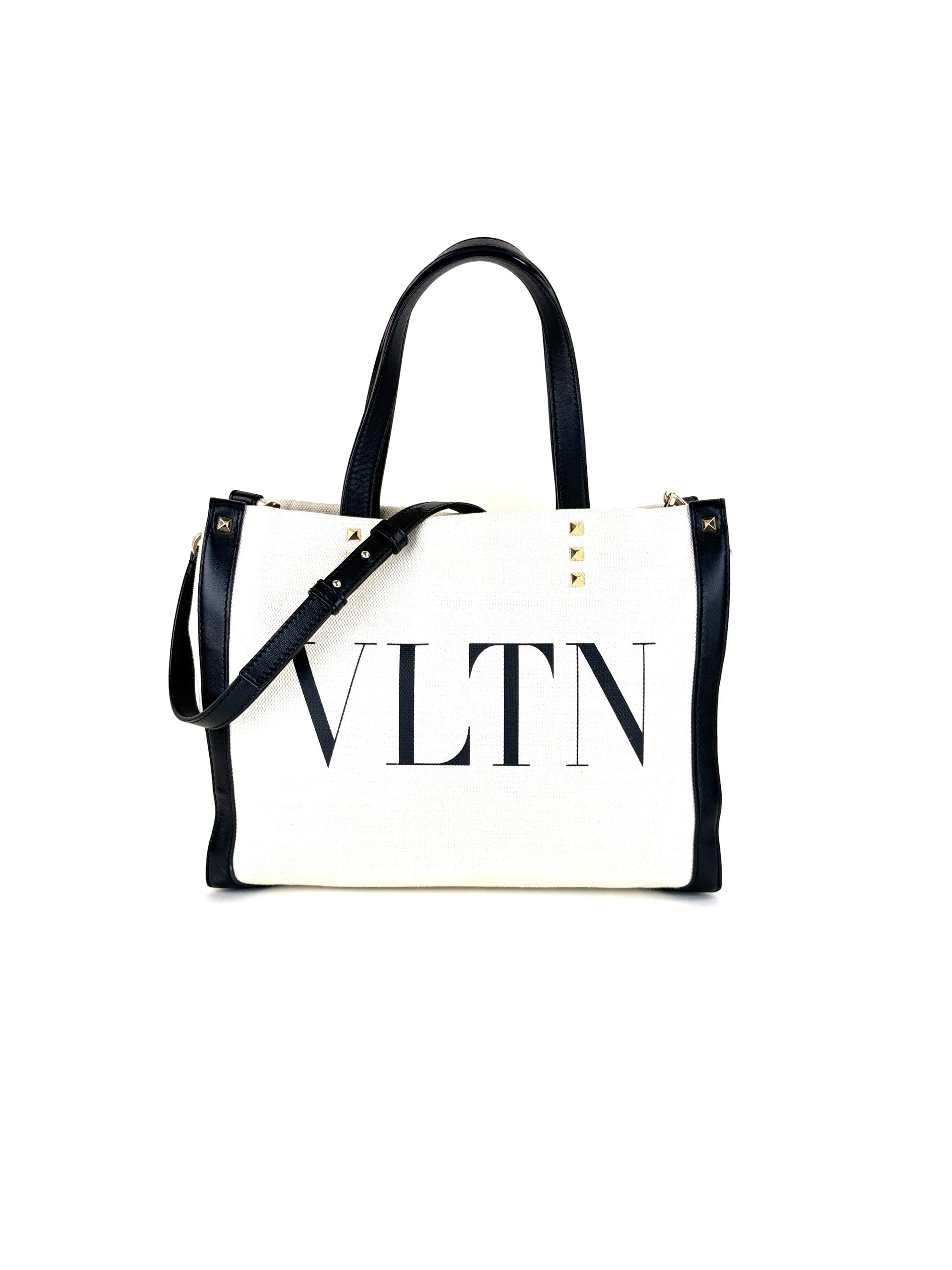 Valentino natural black canvas calfskin VLTN print small rock stud tote bag