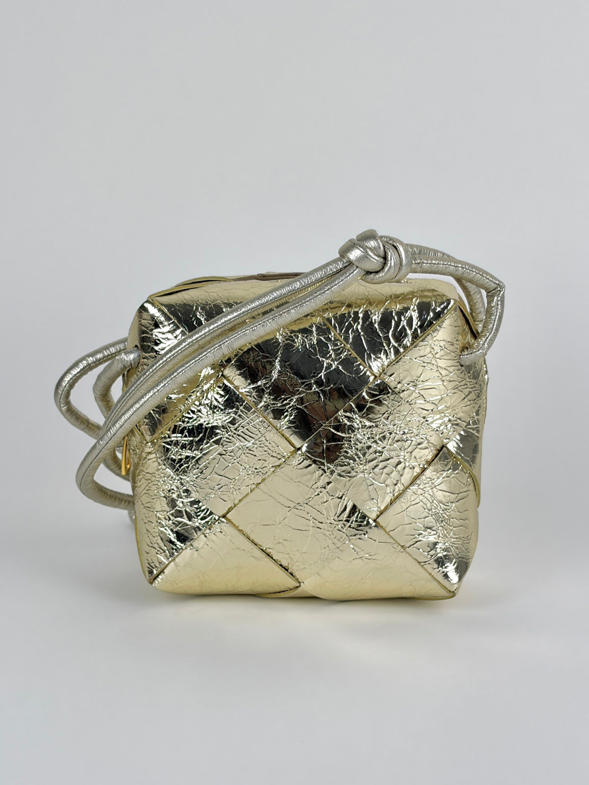 Bottega Veneta supermoon gold intreccio xassette mini camera bag