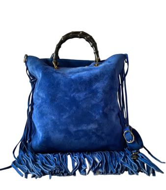 Gucci Blue Suede Bamboo Fringe Tote Bag