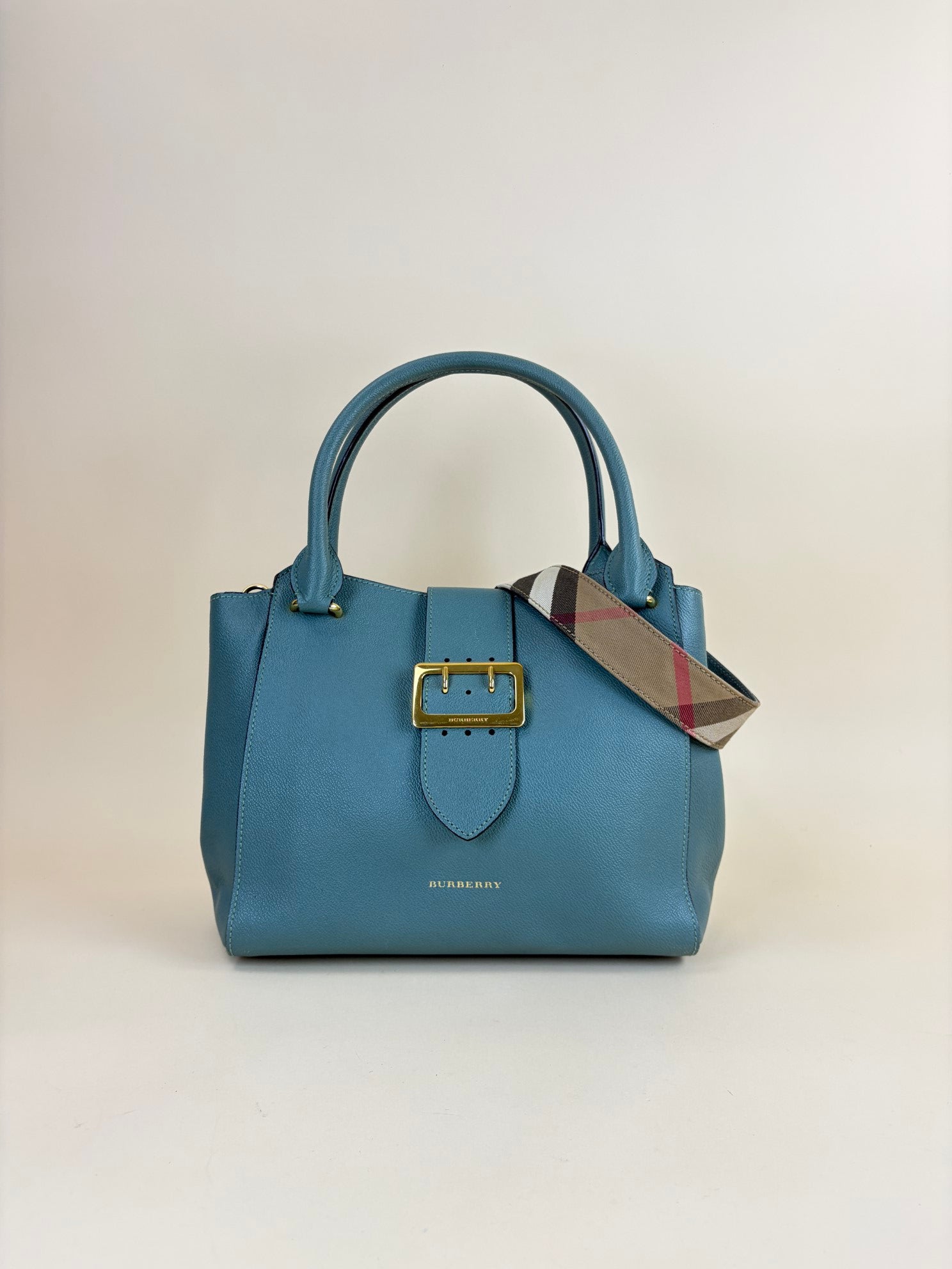 Burberry grained leather green buckle medium tote bag