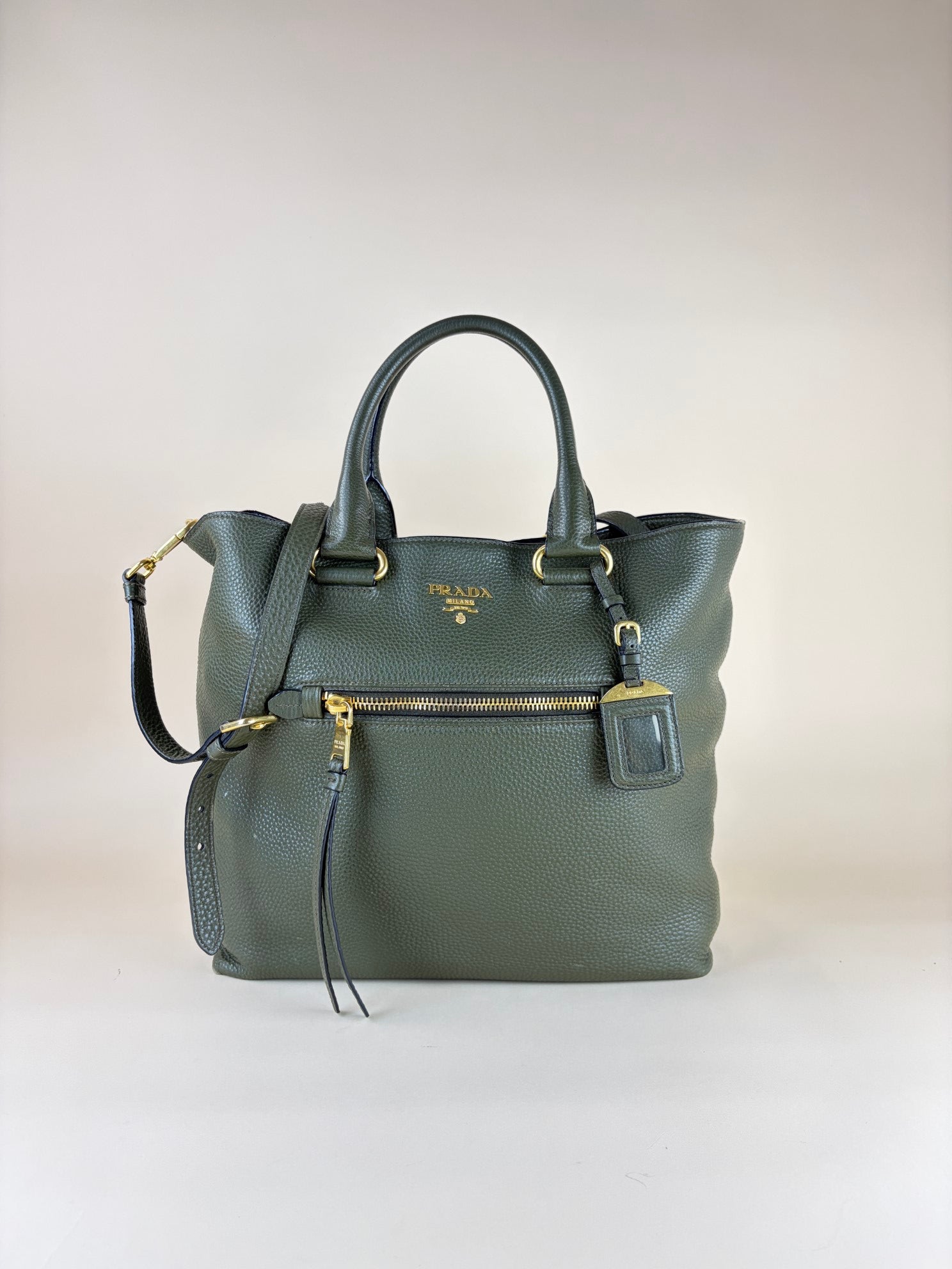 Prada Dark Green Vitello Daino Shopping Tote Bag