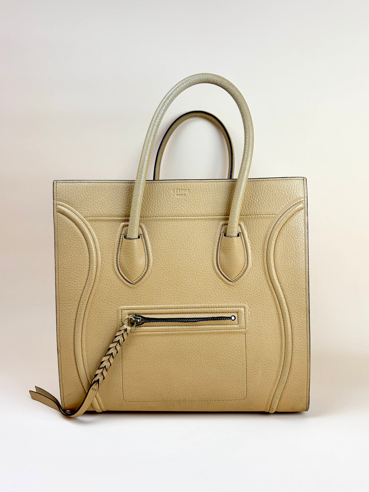 Celine dark beige grain ed calfskin medium phantom luggage tote bag