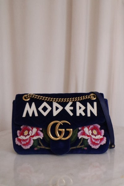 Gucci Blue Velvet Marmont Embroidered Modern Medium Bag