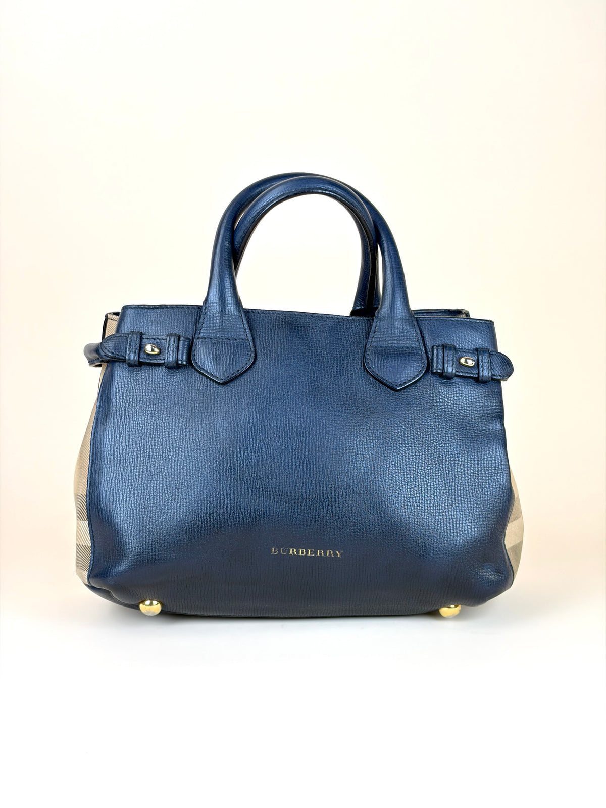 Burberry banner grainy calfskin house check small tote nave blue bag