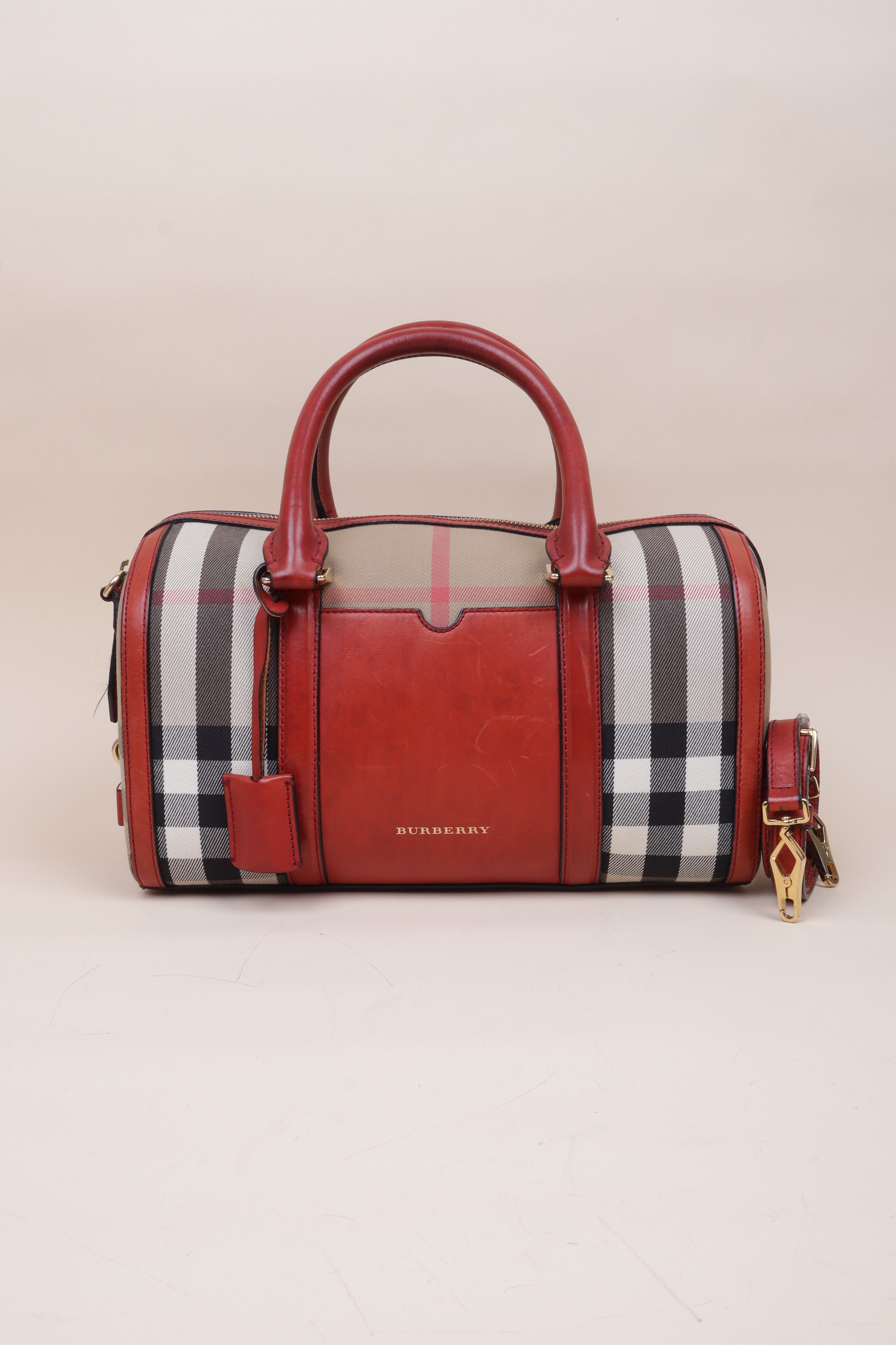 Burberry House Check Red Alchester Bowling Medium Tote Bag with Strap
