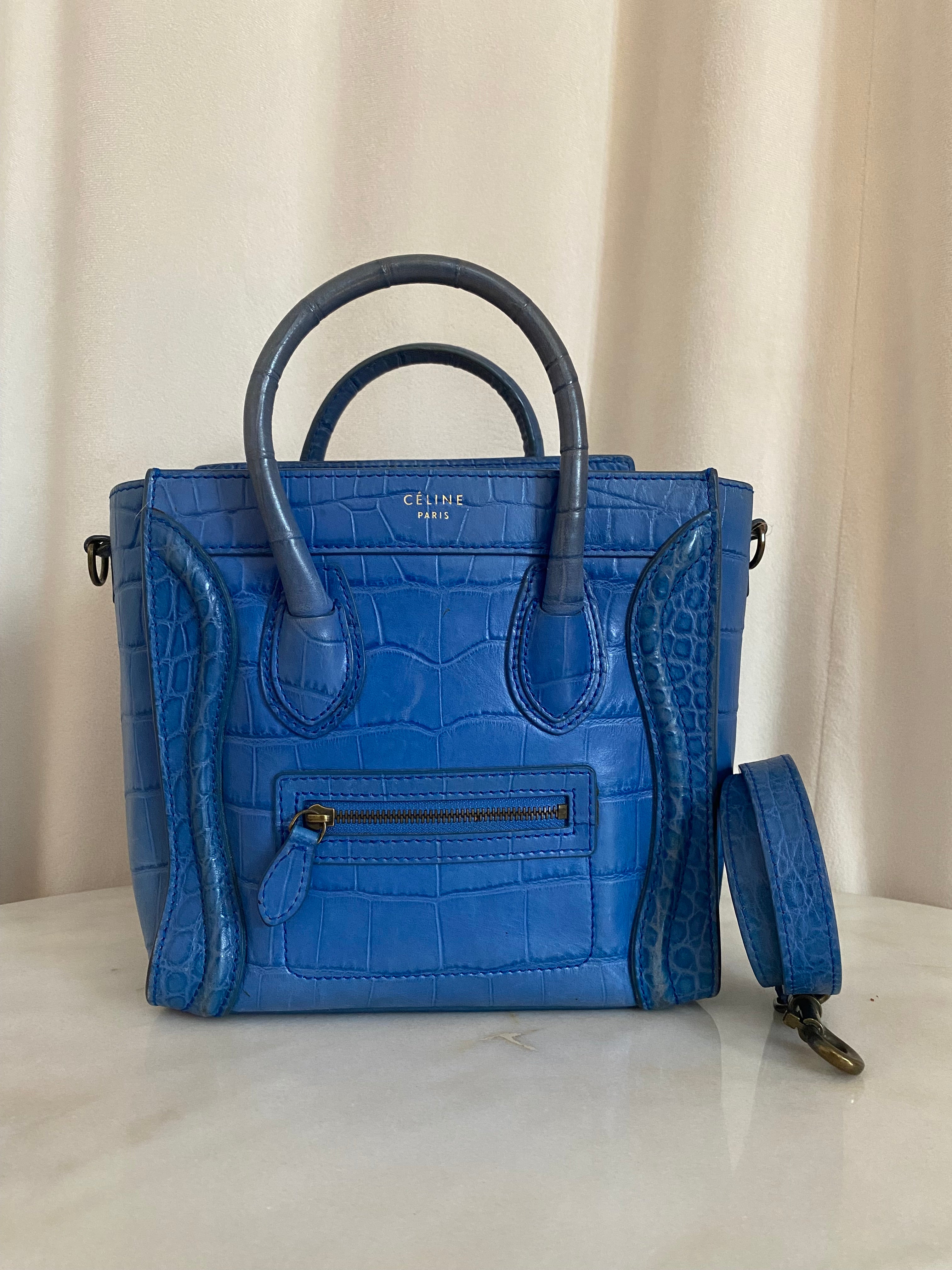 Celine Blue Crocodile Nano Luggage Tote Bag