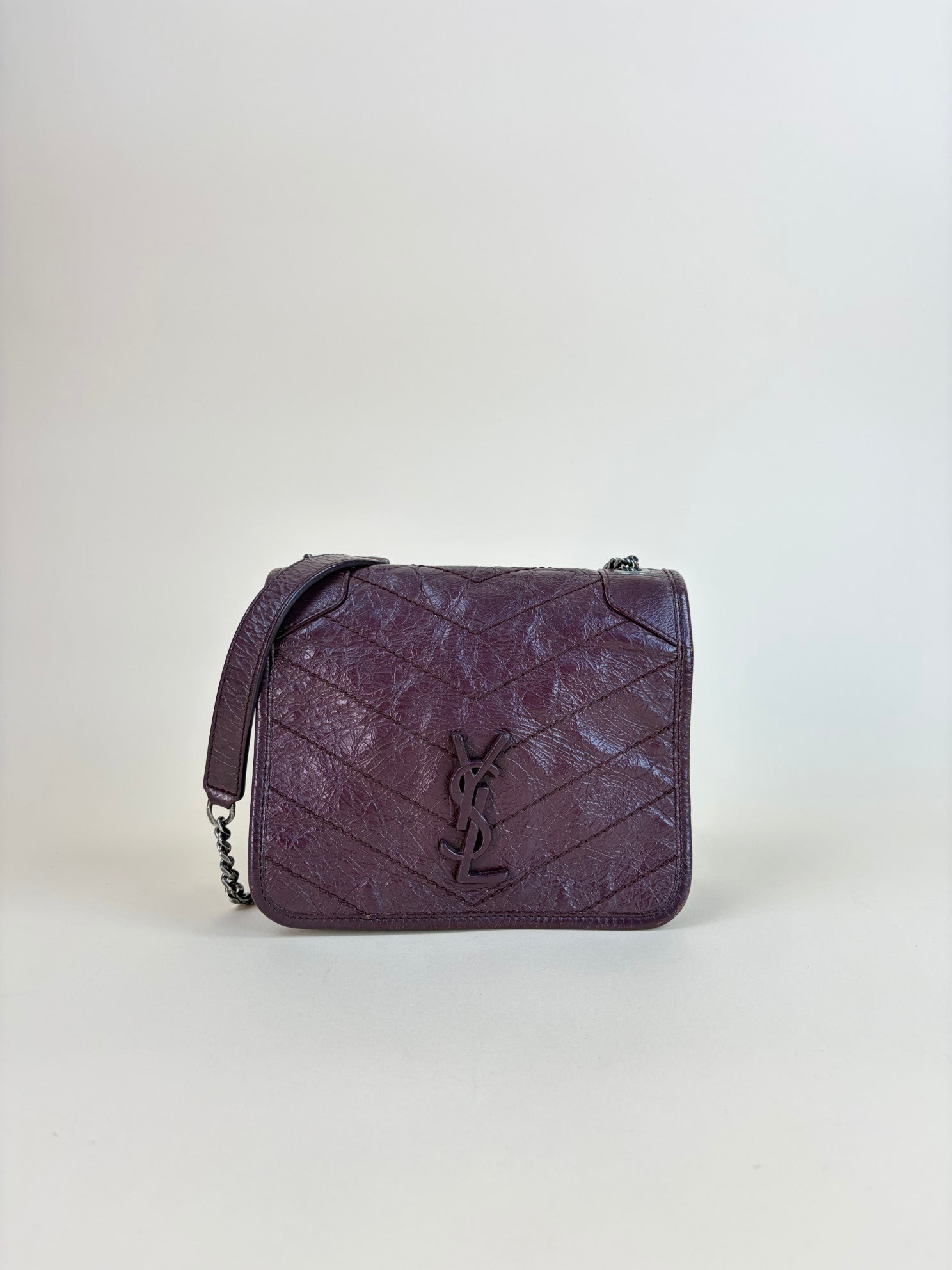 YSL Burgundy Crinkled Matelasse Monogram Niki Mini Bag