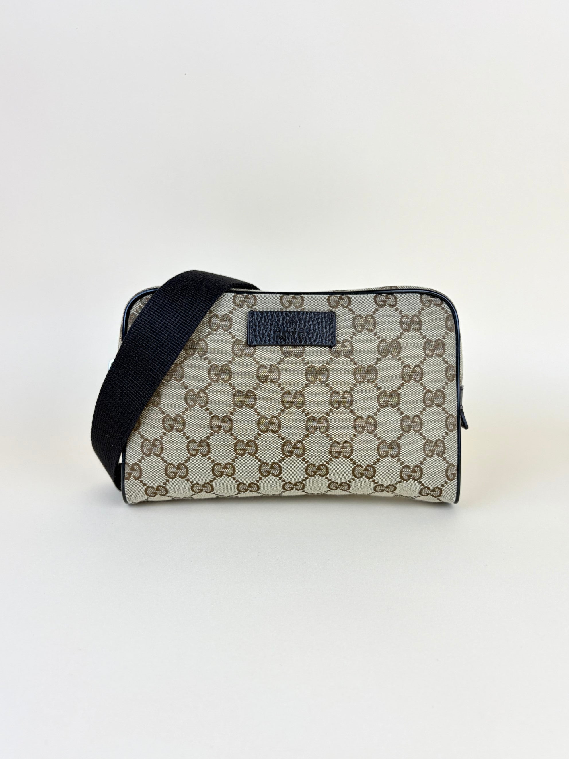 Gucci dark brown leather and gg monogram canvas belt bag