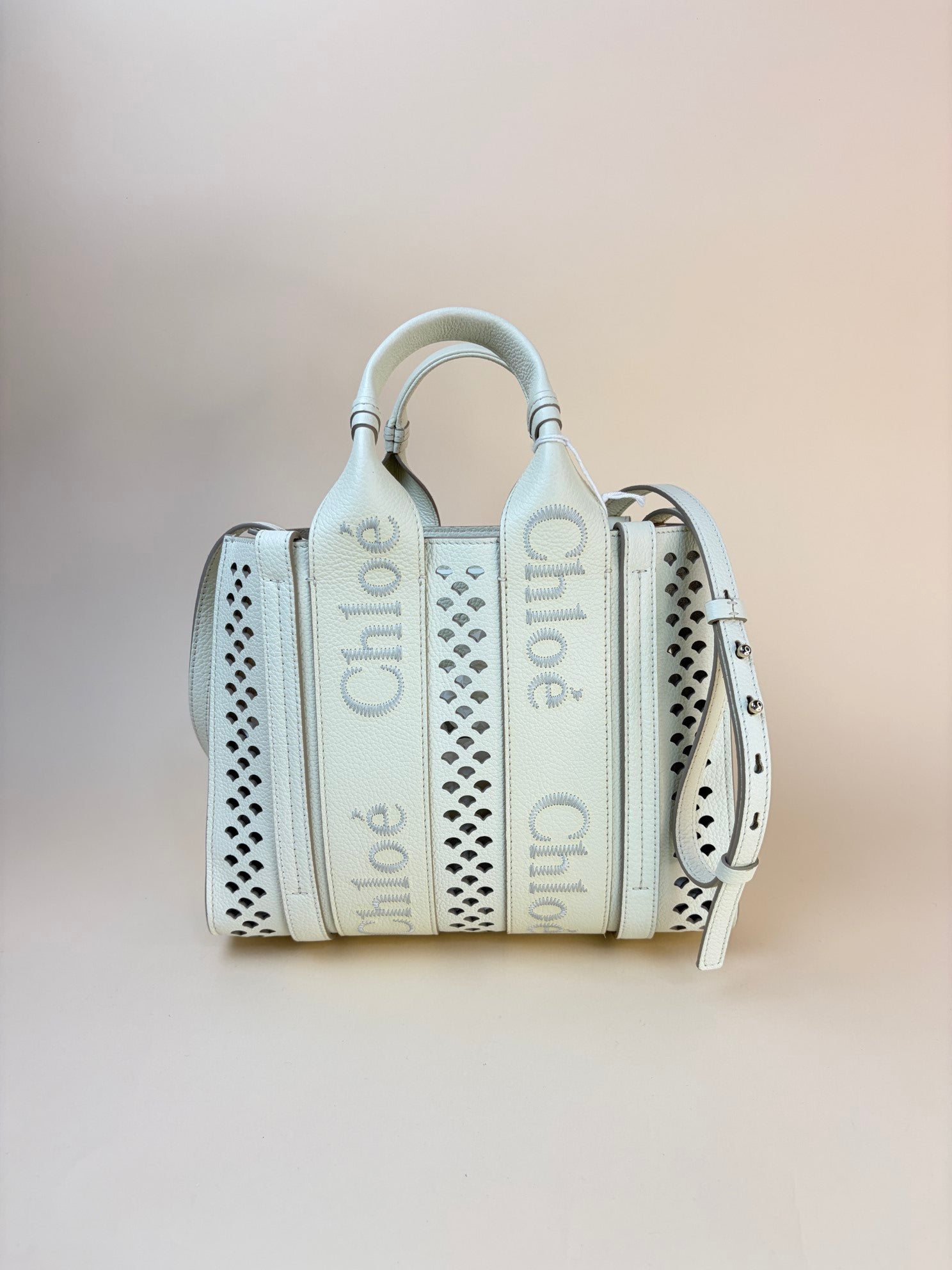 Chloe Off White Woody Perforated Small Tote Bag with Strap