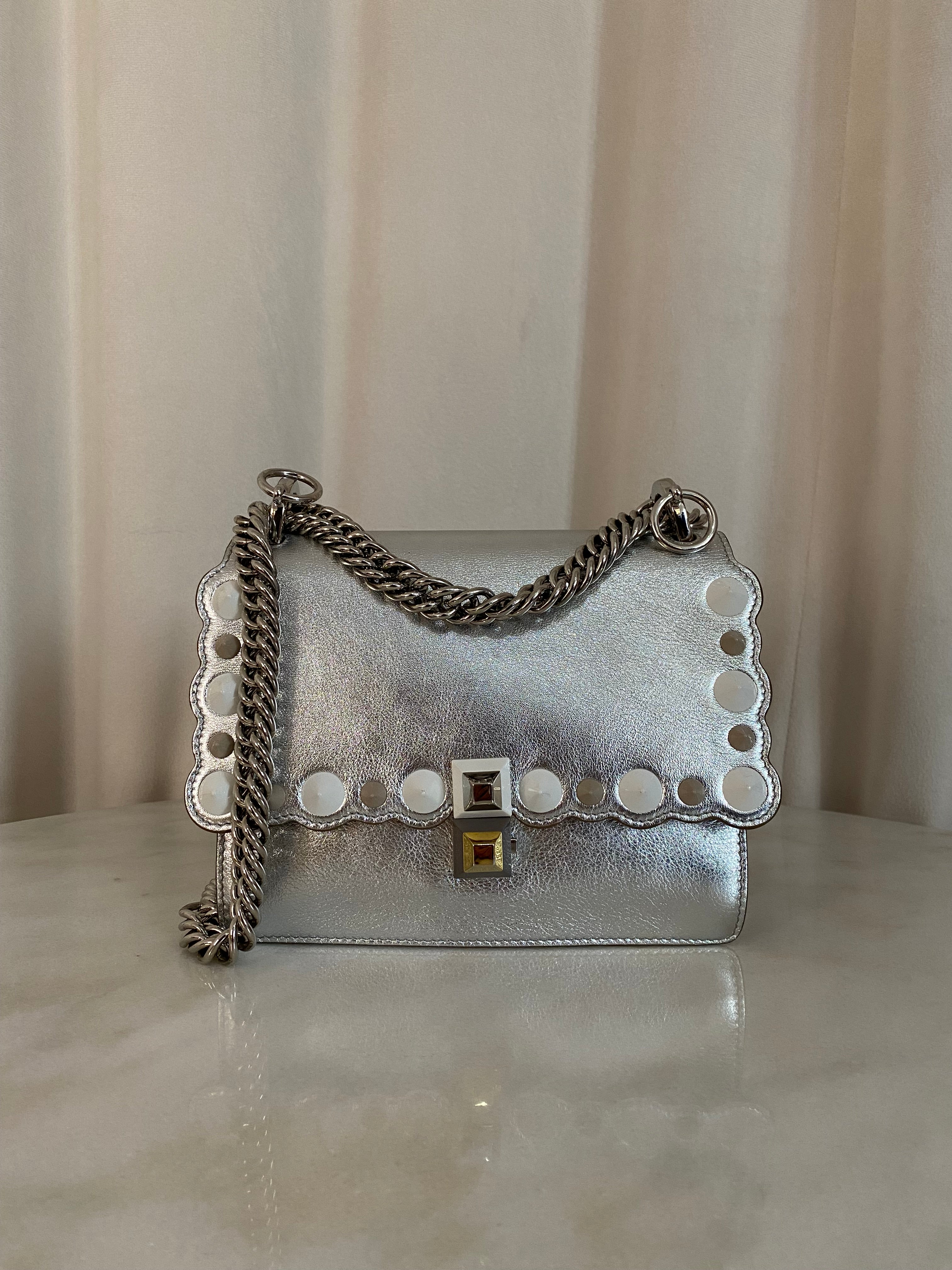 Fendi Silver Kan I Studded Shoulder Bag