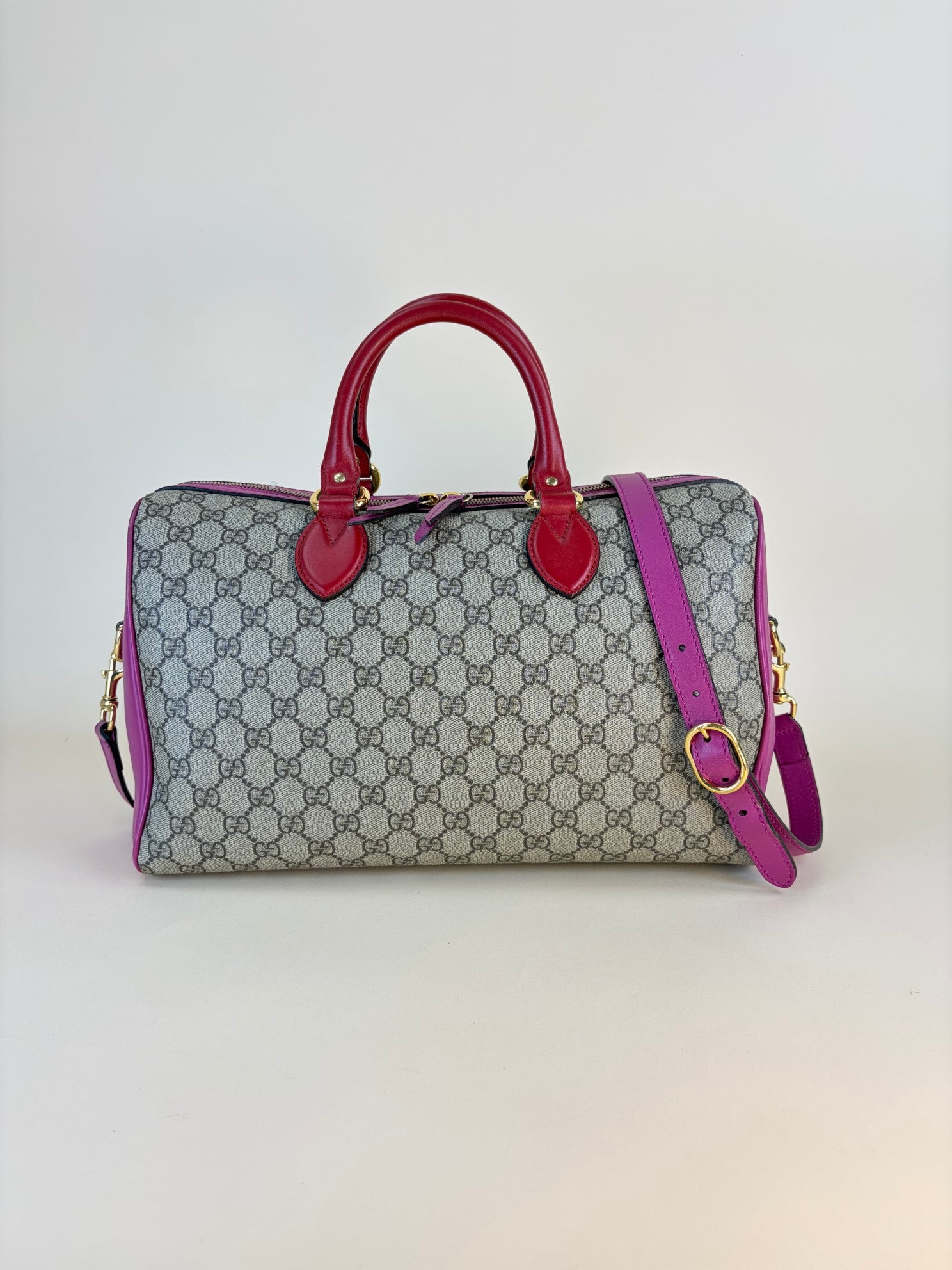 GUCCI beige pink,red,gg coated canvas supreme meduim boston bag
