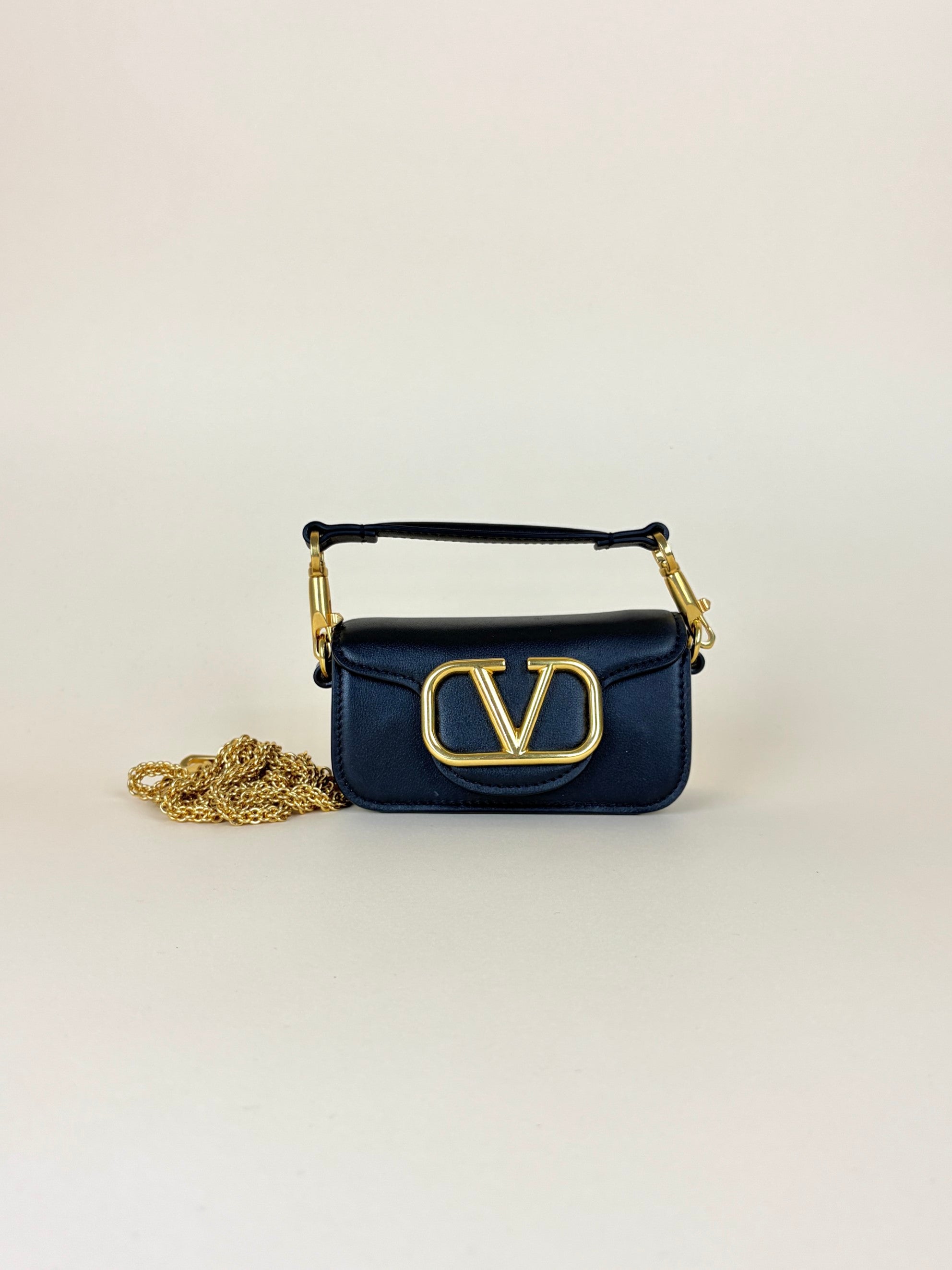Valentino black calfskin v logo chain micro loco bag