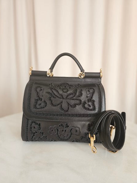Dolce & Gabbana Black Embroidered Laser Cut Miss Sicily Satchel Medium Bag