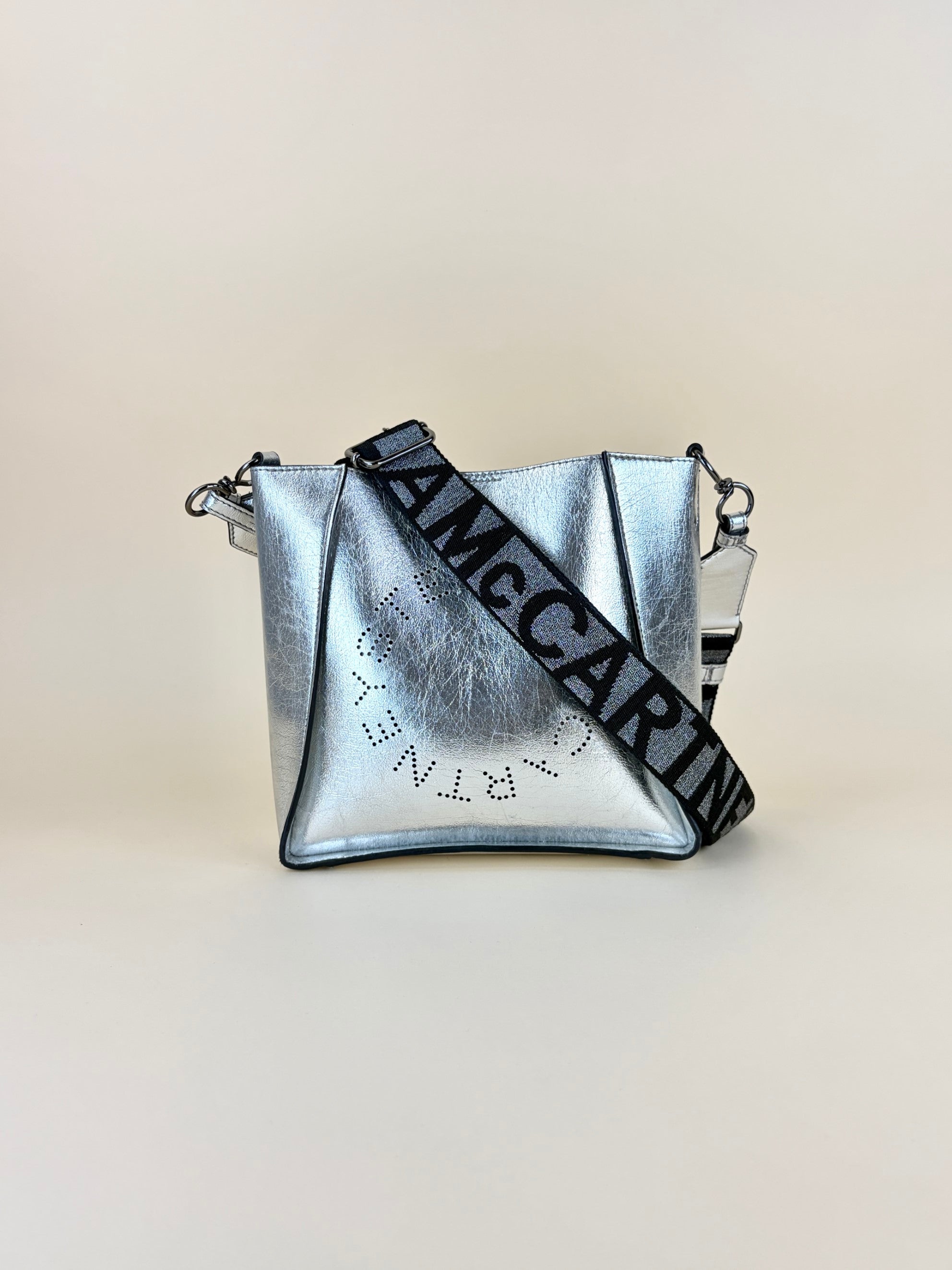 Stella McCartney silver metallic Nappa logo Square Crossbody Bag