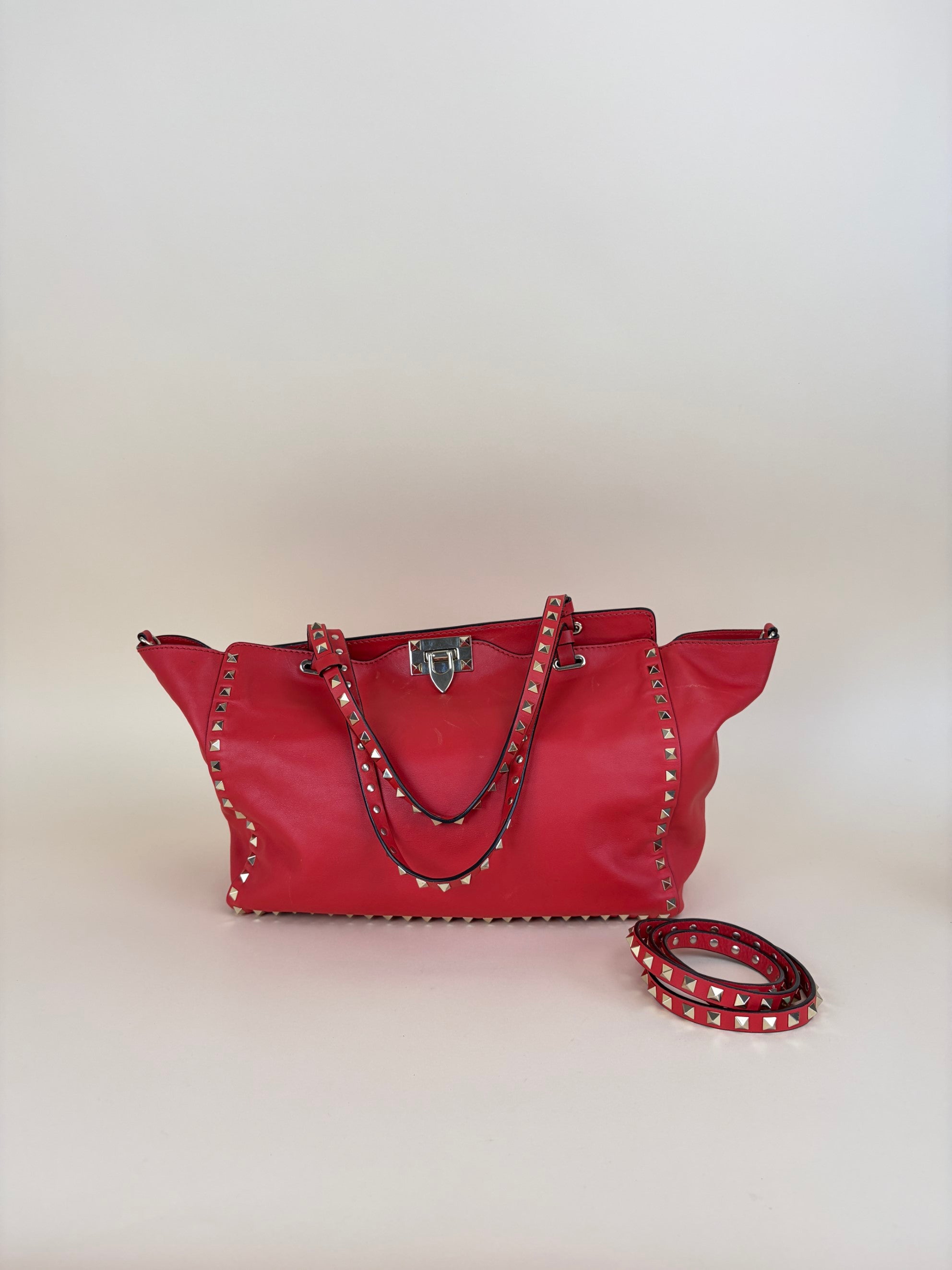 Valentino Gravano red soft leather rock stud medium tote bag