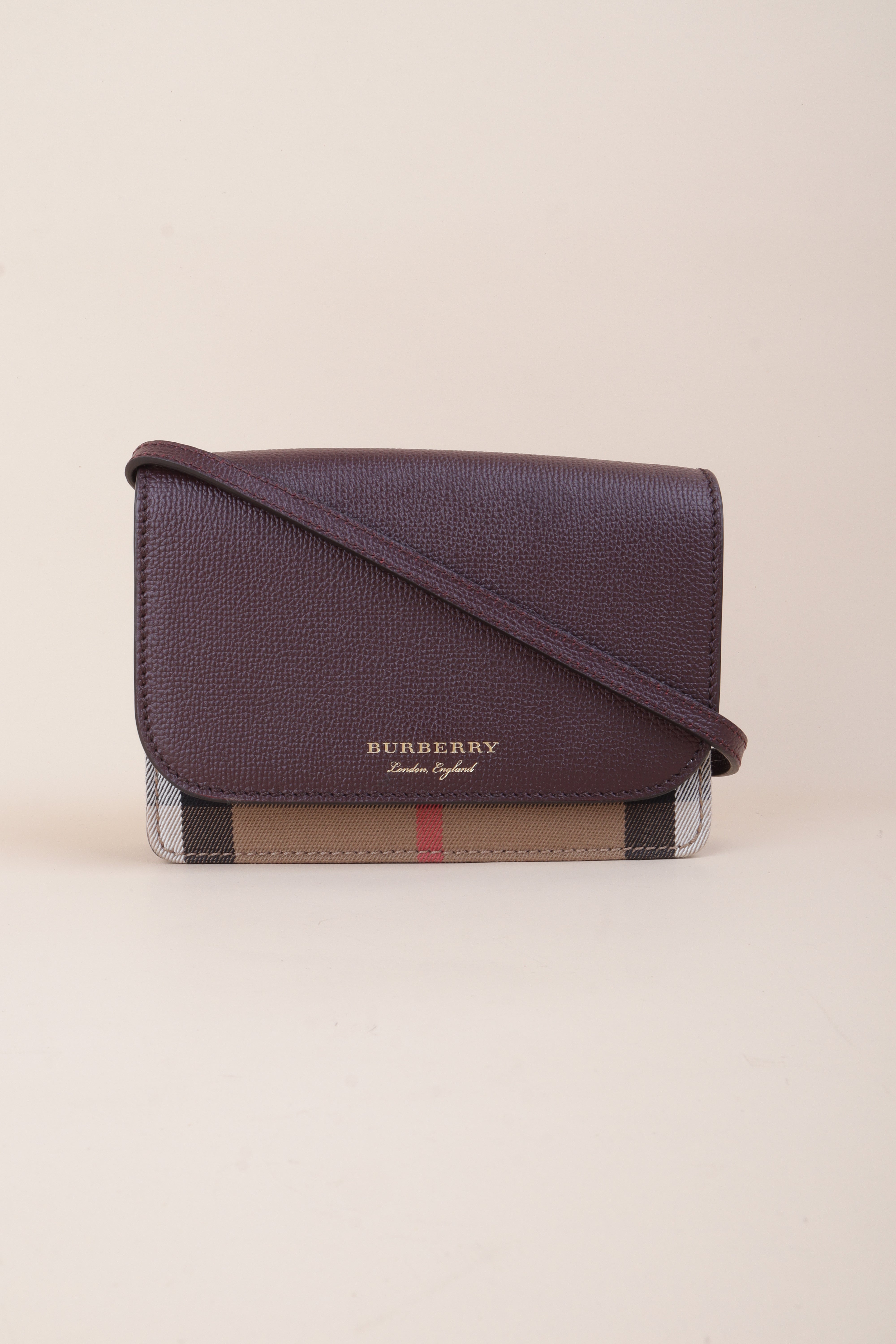 Burberry Burgundy House Check Pebbled Hampshire Crossbody Bag
