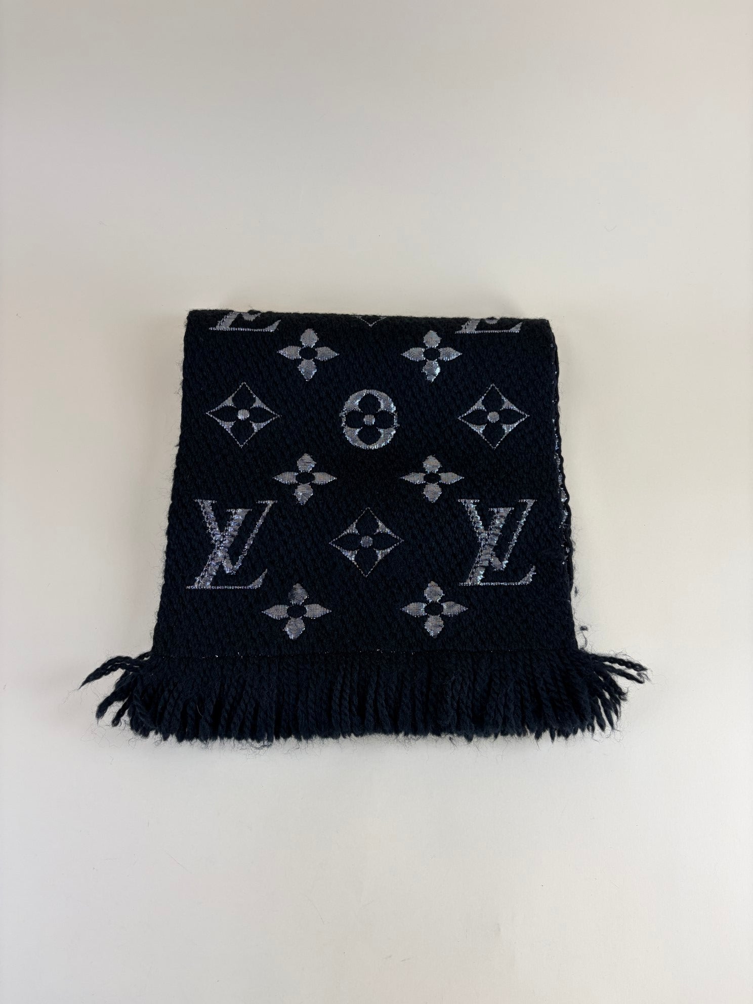Louis Vuitton black and silver logo mania monogram shine scarf